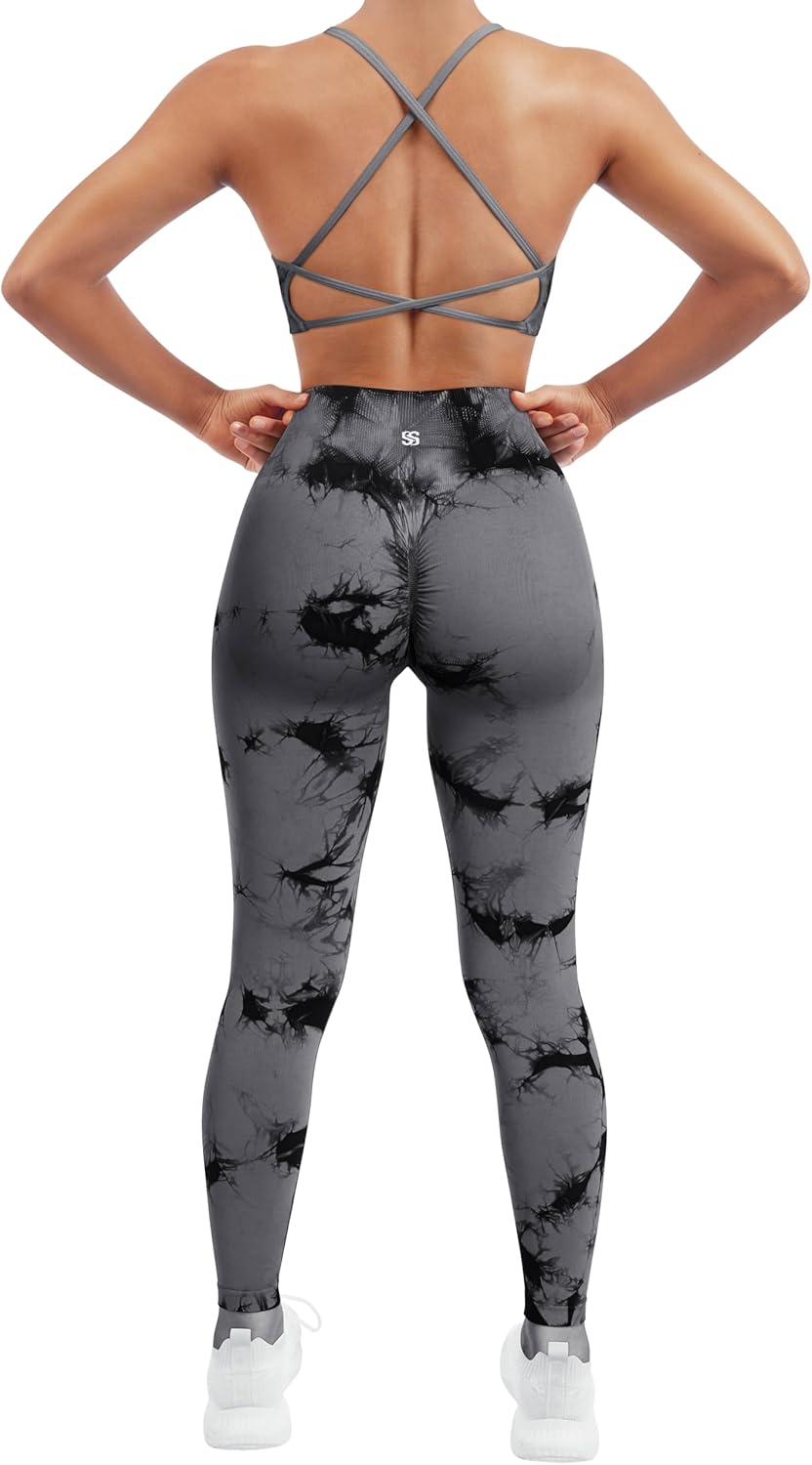 SUUKSESS Women Seamless 2 piece Workout Sets Strappy Padded Sports Bra Booty High Waisted Leggings Outfits (Black Grey Tie Dye,M)