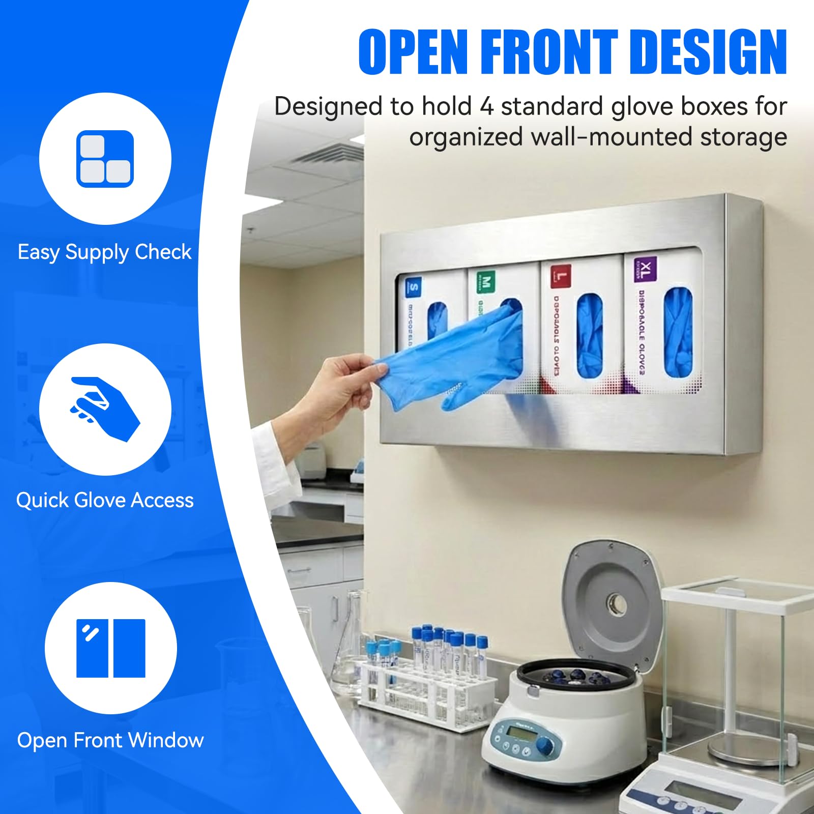 Soporte dispensador de guantera, organizador de 4 cajas montado en la pared con clips de montaje adhesivos, soporte desechable de acero inoxidable para laboratorio, clínica, cocina y taller, 1