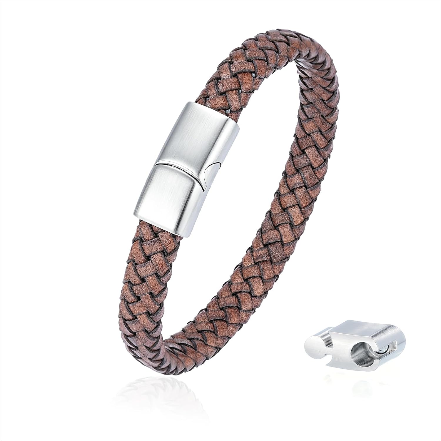 Leather Bracelet for Men, Genuine Leather Stainless Steel Chain with Secure Buckle, Durable Wristband Gift for Men