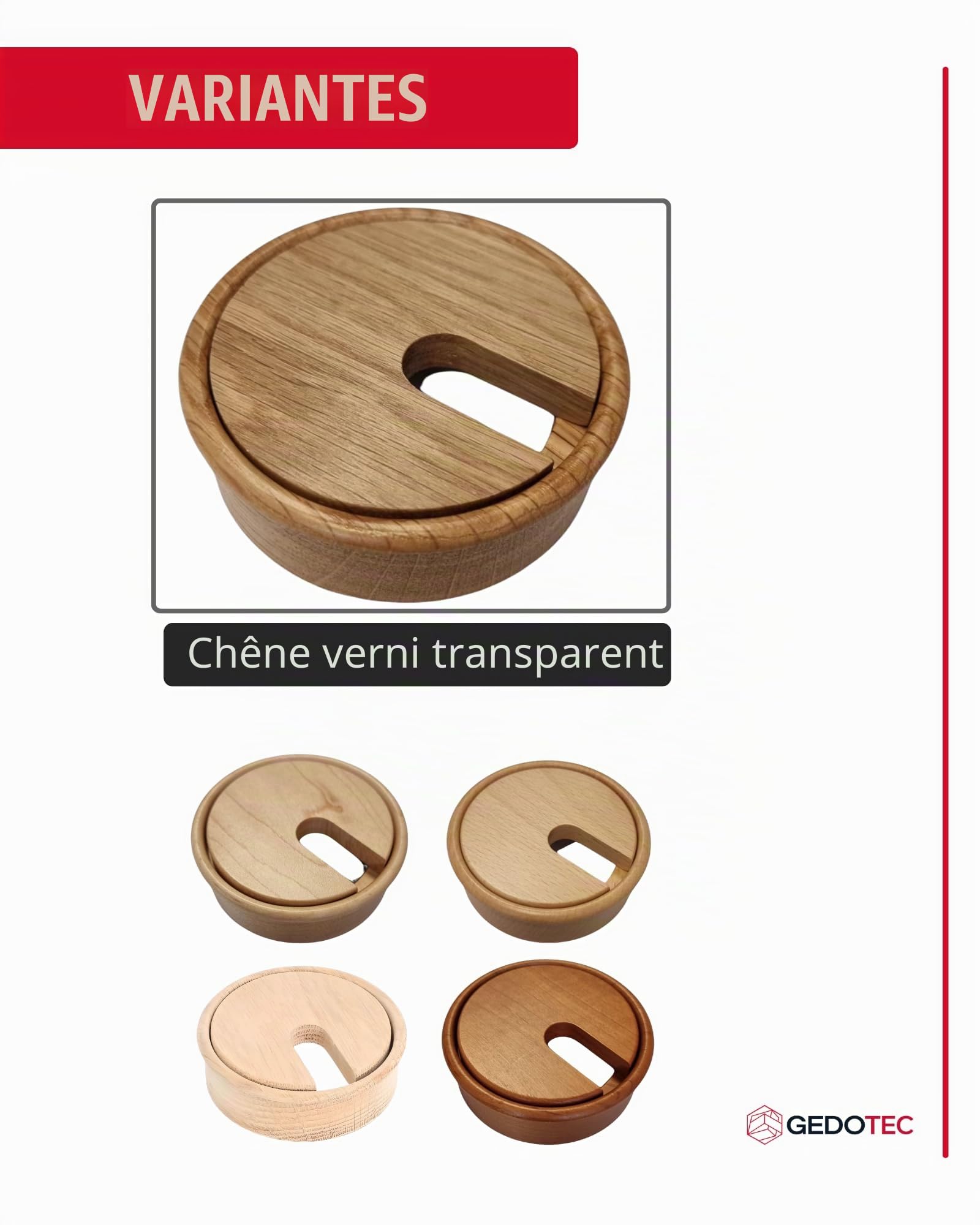 Gedotec Passage de câbles en chêne laqué | Plain | 2 passages de câbles Ronds | Prise de câble Ø de perçage 80 mm | Passage de câbles à Coller dans Le Plan de Travail