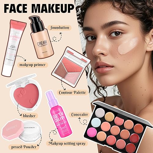 Miniatura 4 de Juego completo de maquillaje para mujer, incluye paleta de corrector de sombra de ojos, brillo de labios, lápiz labial, lápiz de ojos, brochas de