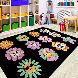 Feelings Chart Area Rug, Classroom Rug, Mental Health, Calming Corner Carpet with Fruit Sit Spots, Non Slip Emotions Rugs for Elementary, Nursery School (Groovy Sit Spot Flower Feeling)