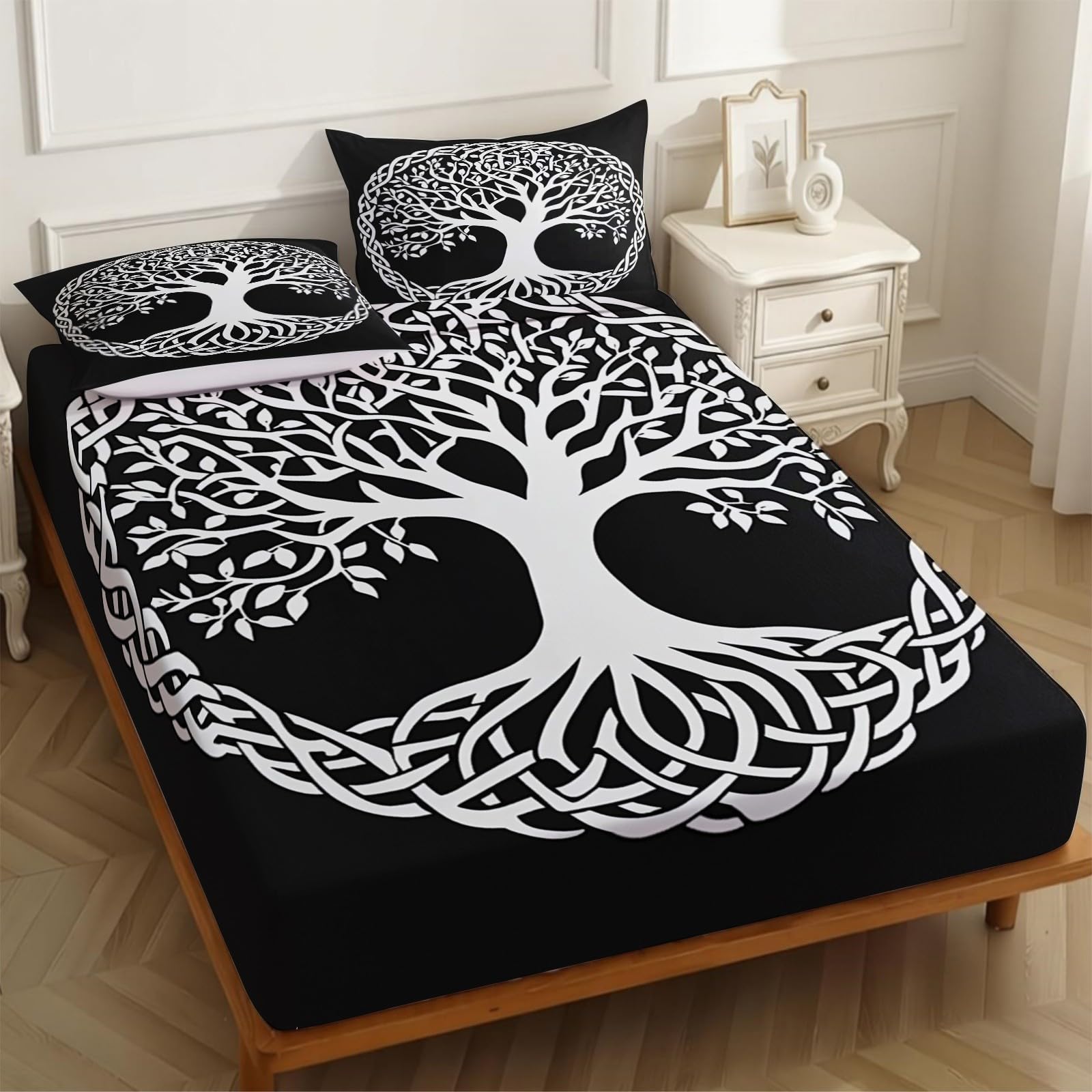 Lenzuolo con Angoli 180 x 200 cm Microfibra Albero della vita astratto Lenzuolo Sotto Elasticizzato Profondo 25 cm Bianco per Letto Singolo e Matrimoniale