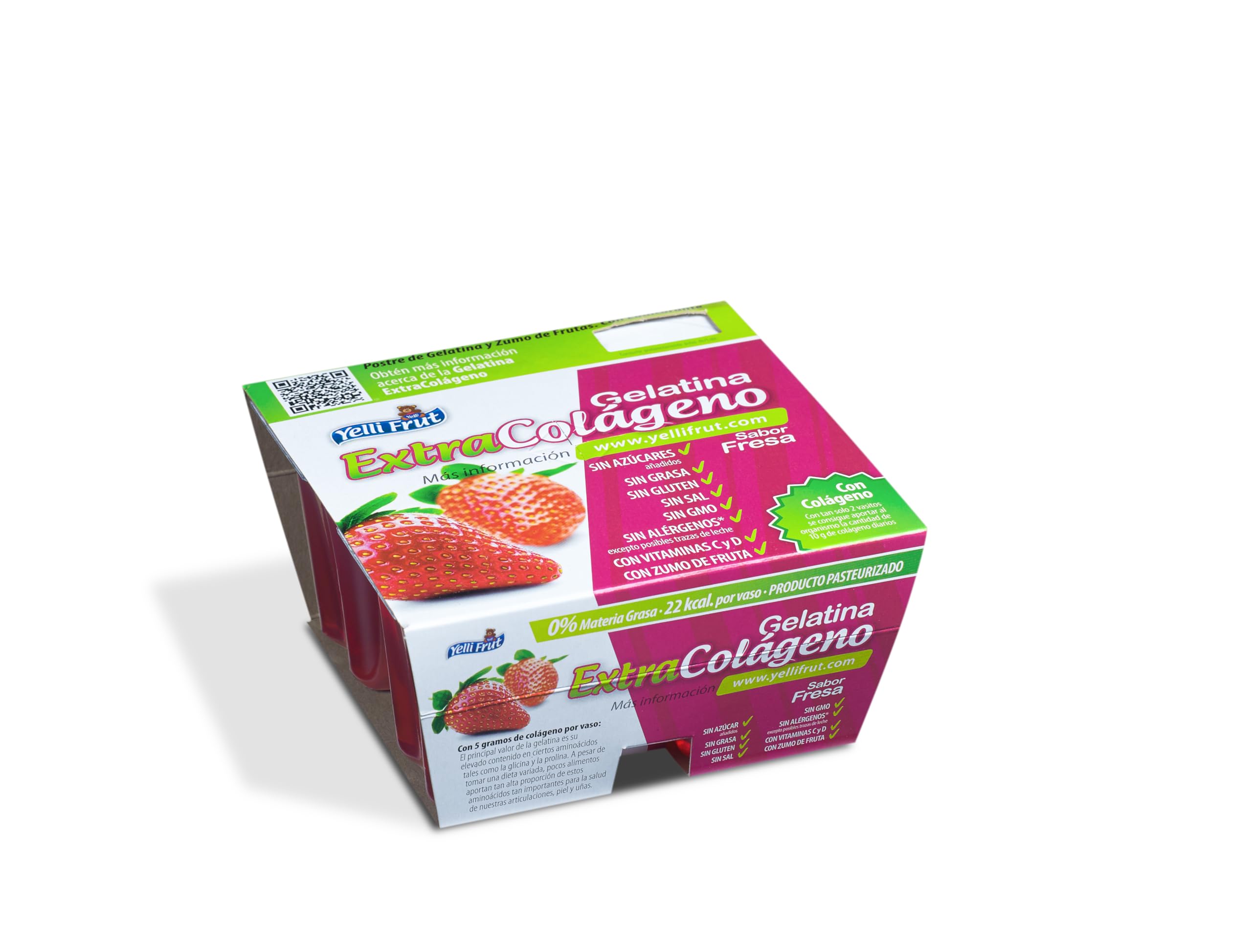 Extra Colágeno Fresa. Postre de Zumo de Frutas y Gelatina. Sabor Fresa en tarrina de 100 gramos. Pack de 12x4 = 48 tarrinas. 8g de colágeno mejora la flexibilidad y función de las articulaciones