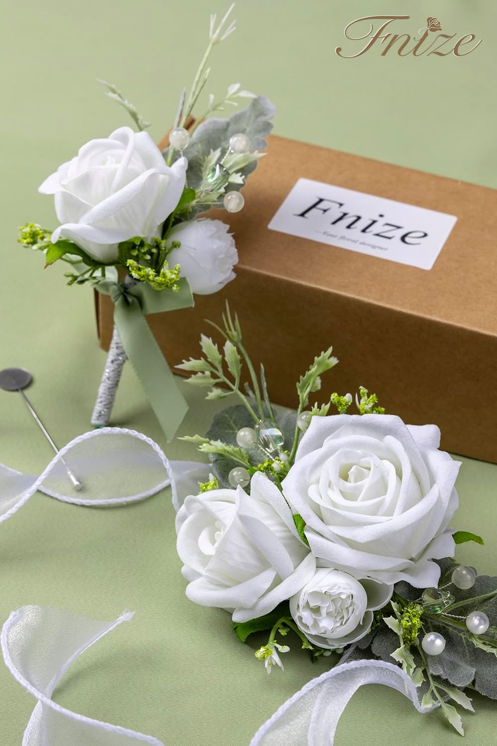 Fnize White Wrist Corsage and Boutonniere Set for Bride Groom Bridesmaids Groomsmen Wedding Homecoming Flowers Prom Suit Accessories, Rose Boutonniere and Corsage Wristlet Flower - Image 5