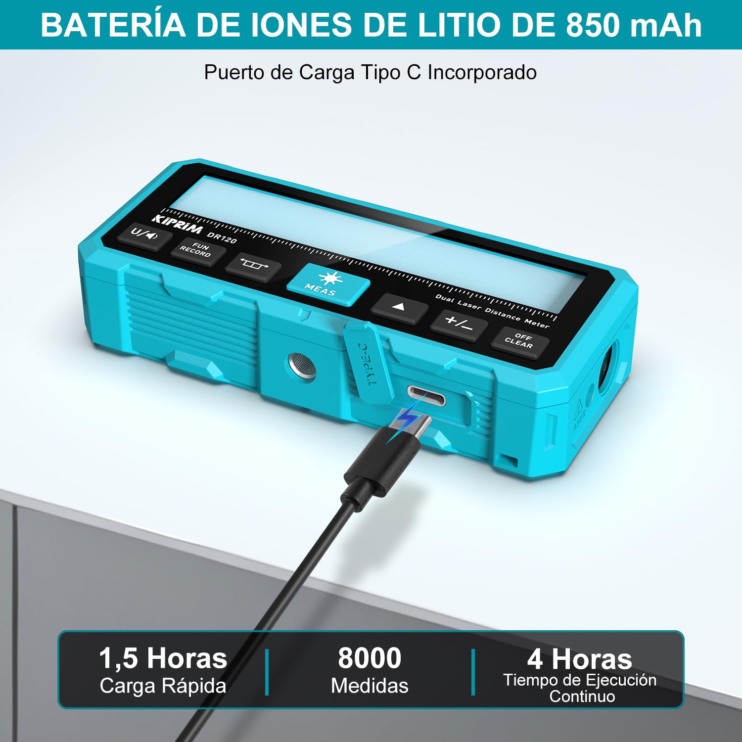 KIPRIM Metro Laser 120m, Telémetro Láser con Doble Haz Bidireccional, Línea Láser Vertical y Nivel Electrónico, Medición en Metros/Pies/Pulgadas, USB-C - DR120