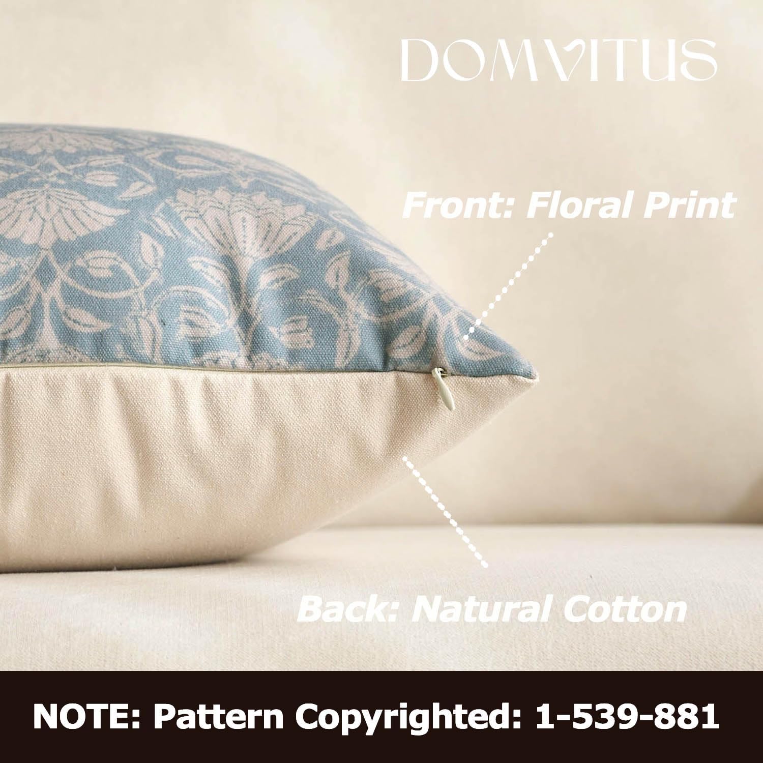 DOMVITUS Floral Pillow Covers 20x20 Decorative Throw Pillow Covers Floral Block Print Farmhouse Vintage Pillow Cover for Living Room Couch Bed Light Blue 1PC