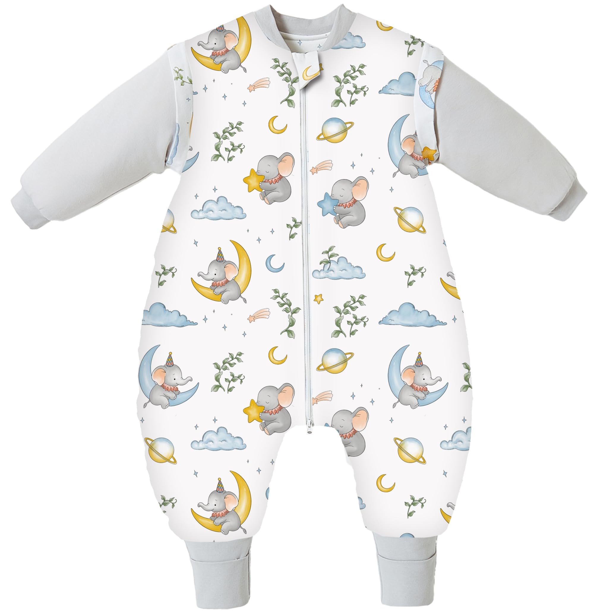 Chilsuessy Baby Winterschlafsack Schlafsack mit Füßen Warm Kinder Ganzjahres Winter Schlafsack Schlafanzug für Jungen Mädchen,abnehmbar Ärmel, Elefanten Mond/3.5 Tog, 90/Baby Höhe 100-110cm