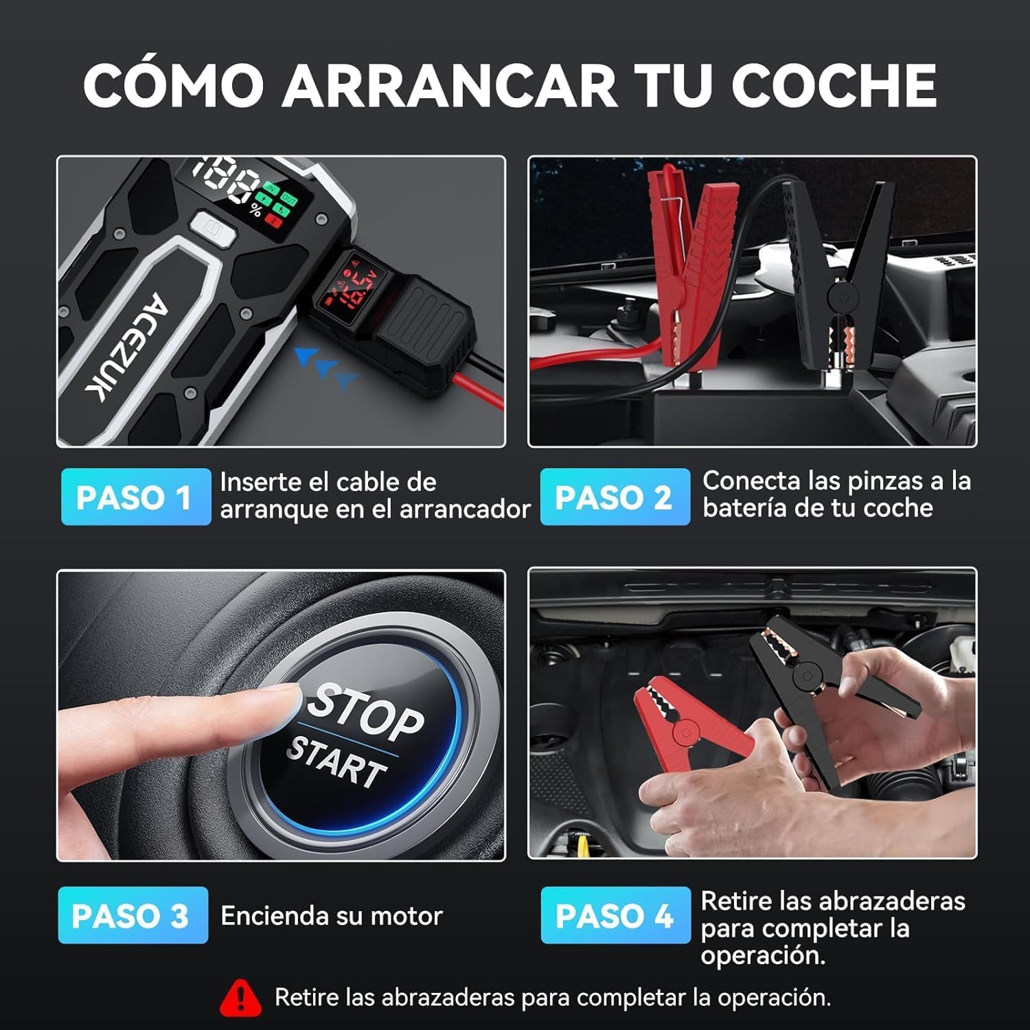 ACEZUK Arrancador de Coches 9000A, Arrancadores de Bateria de Coche Portátil(hasta 8.0L de diésel o 10.0L de Gasolina), 12V Jump Starter, Pinzas Inteligentes con Pantalla, Luz LED, Puerto QC3.0