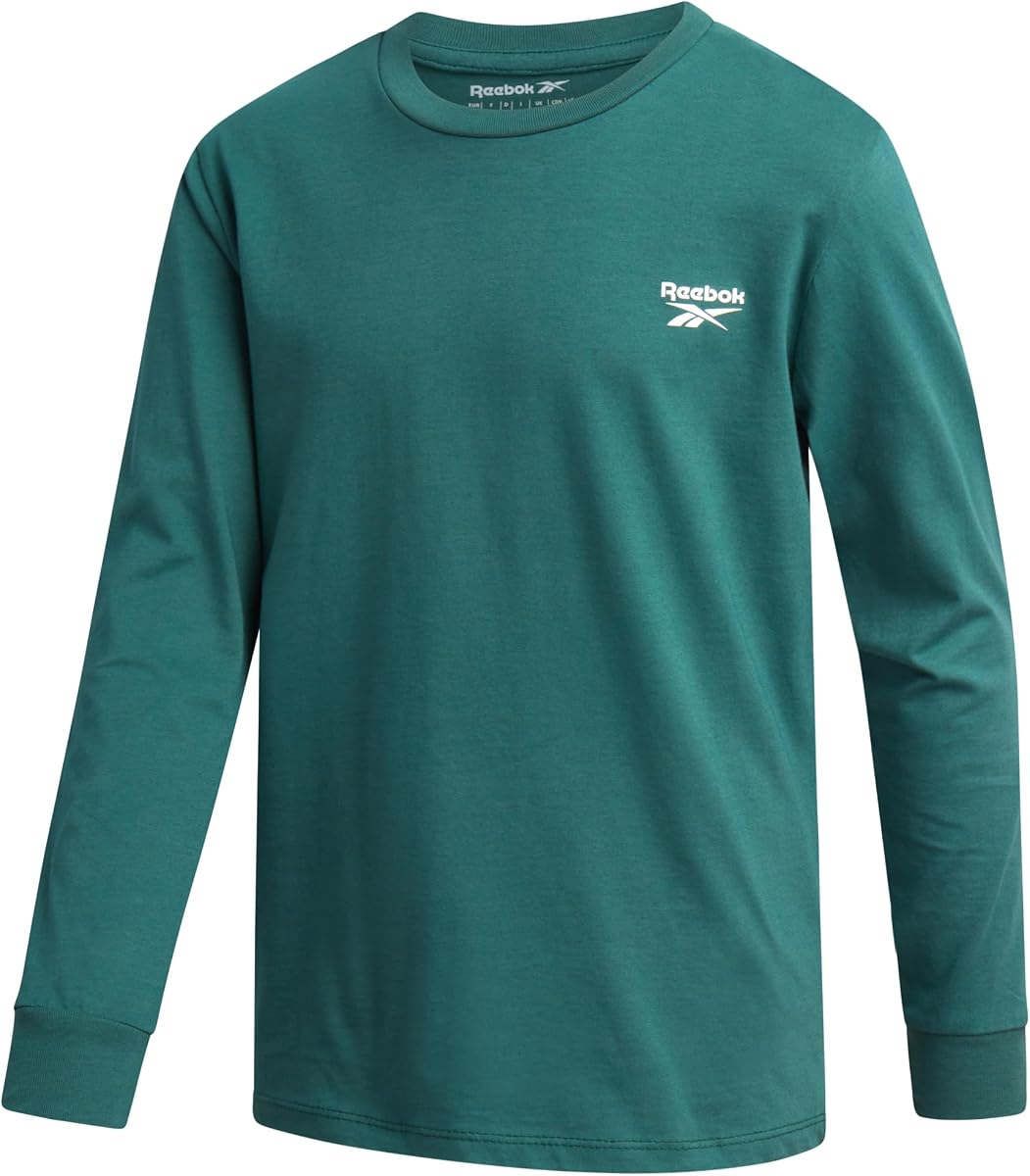 Reebok Camiseta deportiva de manga larga para niño, algodón elástico suave | Comodidad transpirable que se mueve con él, ajuste flexible para correr, jugar al fútbol o al gimnasio, escote sin etiquetas para facilitar la colocación de capas.