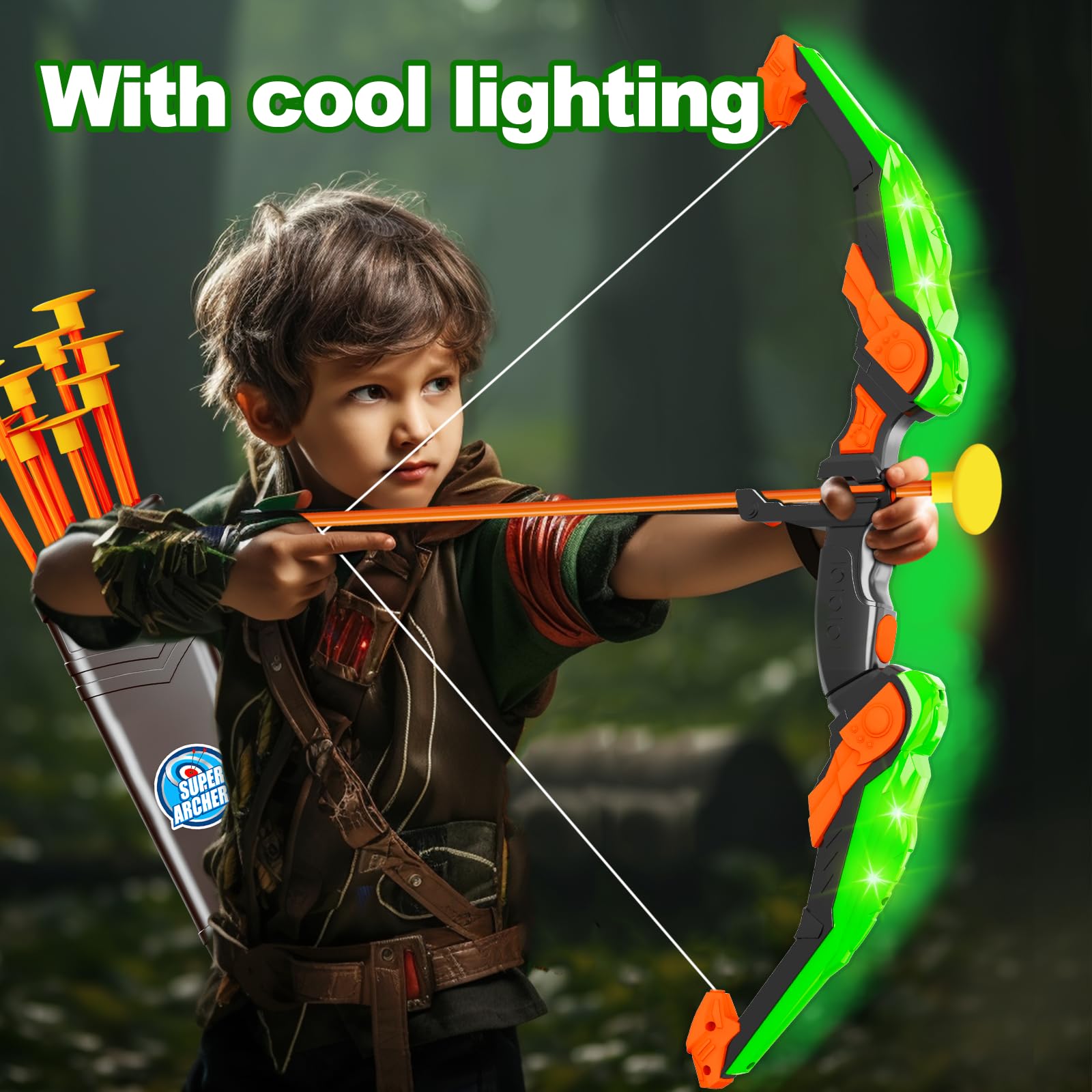 Doloowee Arc et flèche pour Enfants avec lumières LED – Ensemble de tir à l'arc amélioré Comprenant 1 Super Arc, 8 flèches à Ventouse, Cible 2 en 1 avec Jouets carquois à bandoulière