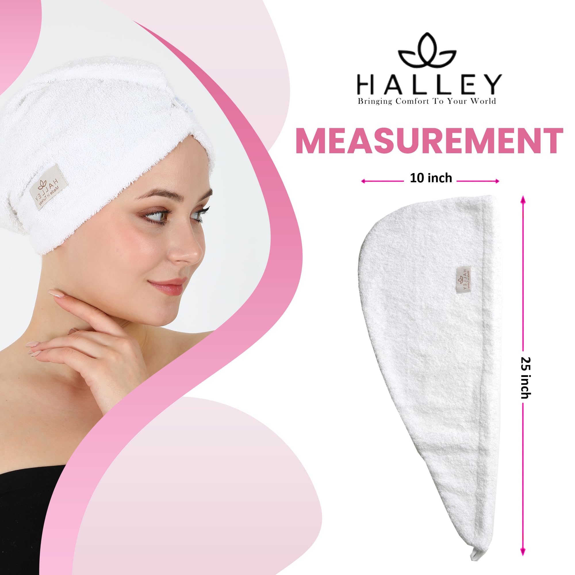 HALLEY Toalla de algodón para el cabello (3 paquetes), toalla de cabello súper absorbente de secado rápido para cabello grueso, turbantes para cabello húmedo con botón (blanco)