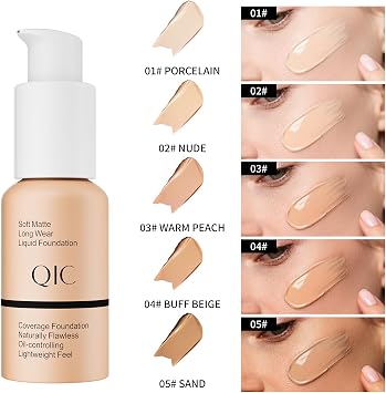 QIC Liquid Foundation Full Coverage, Waterproof & Long Lasting, Buildable Coverage Foundation with Soft Matte Finish, Sweat Resistant & Oil Control for Flawless Look (05 Sand)