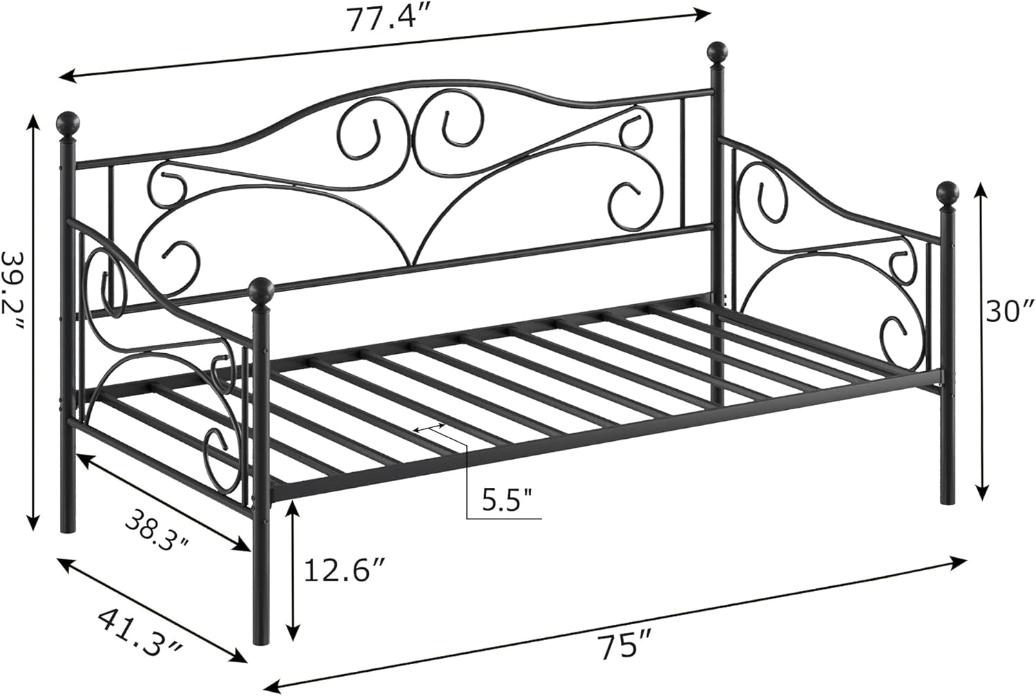 VECELO Daybed Frame, Twin Size Metal Platform Bed with Headboard,Heavy Duty Steel Slats Support for Living Room Bedroom Guest Room, Easy Assembly