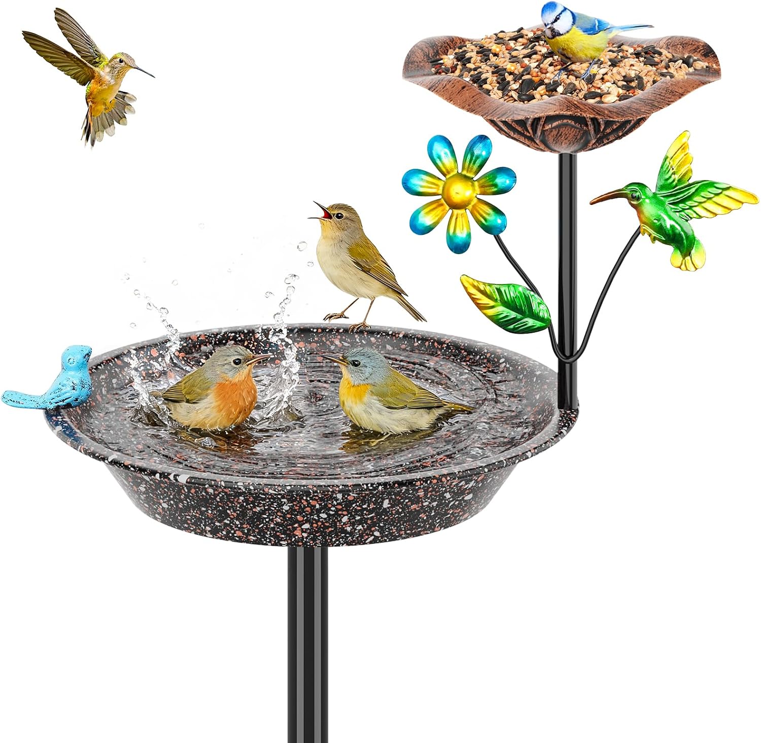 Metal Bird Bath for Outside Garden Birdbath Bowl, Freestanding Bird Feeders for Outdoors with 5 Prongs Base Stake, Standing Birdfeeders Bath Bowl for Yard Decor(Retro Blue)