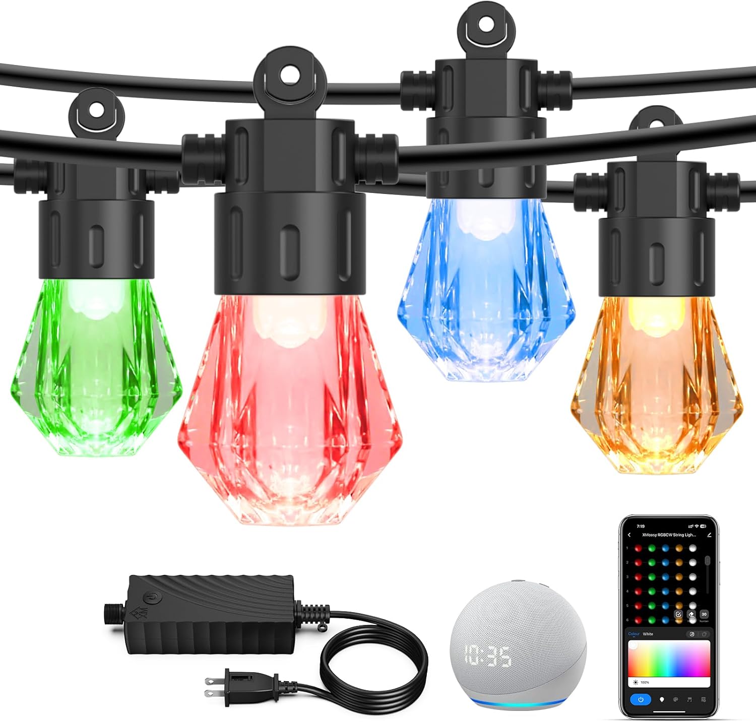 XMCOSY+ 144FT(48ft+96ft) Smart Outdoor String Lights - RGBCWIC Dimmable Acrylic Bulbs, Color Changing LED Patio Lights APP WiFi Control, Work with Alexa, IP65 Waterproof Outside Lights for Yard Porch