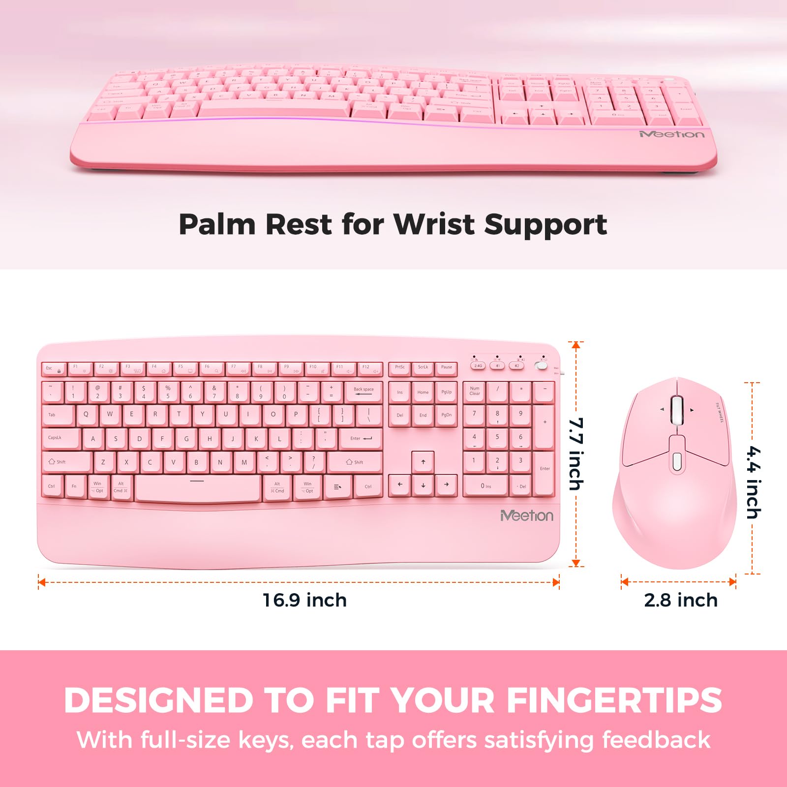 MEETION Wireless Keyboard and Mouse, Bluetooth Ergonomic Keyboard with Wrist Rest, Multi-Device, 3-Level DPI Wireless Mouse for Windows/MacLaptop/Computer/PC/iPad/Andriod, Pink