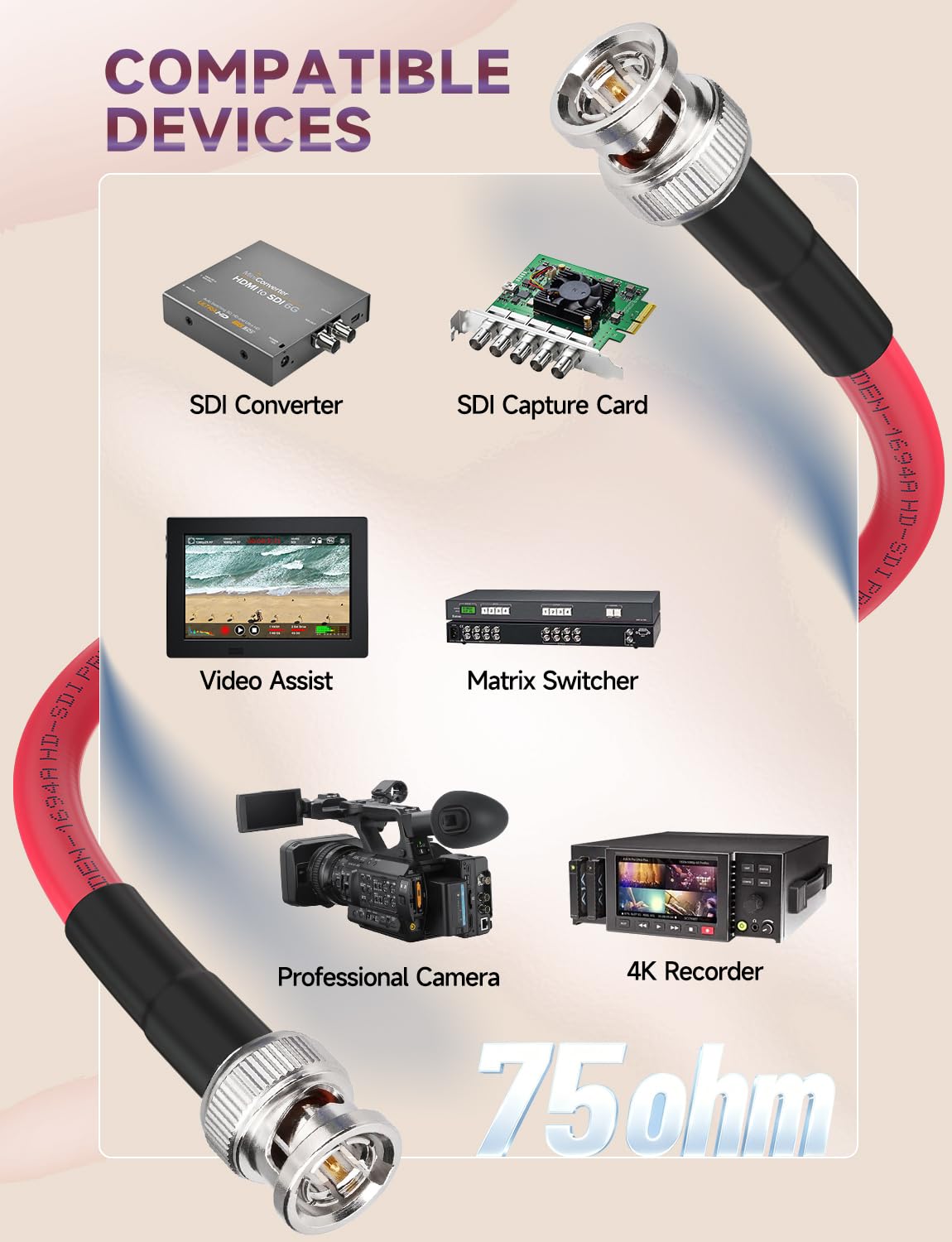 Superbat Cavo SDI 3G/6G/12G 30cm Cavo Audio Digitale BNC Maschio a Maschio Belden 1694A 75 Ohm Rosso per Telecamere e Attrezzature Video, Supporta HD-SDI/3G-SDI/4K/8K(2 pezzi)