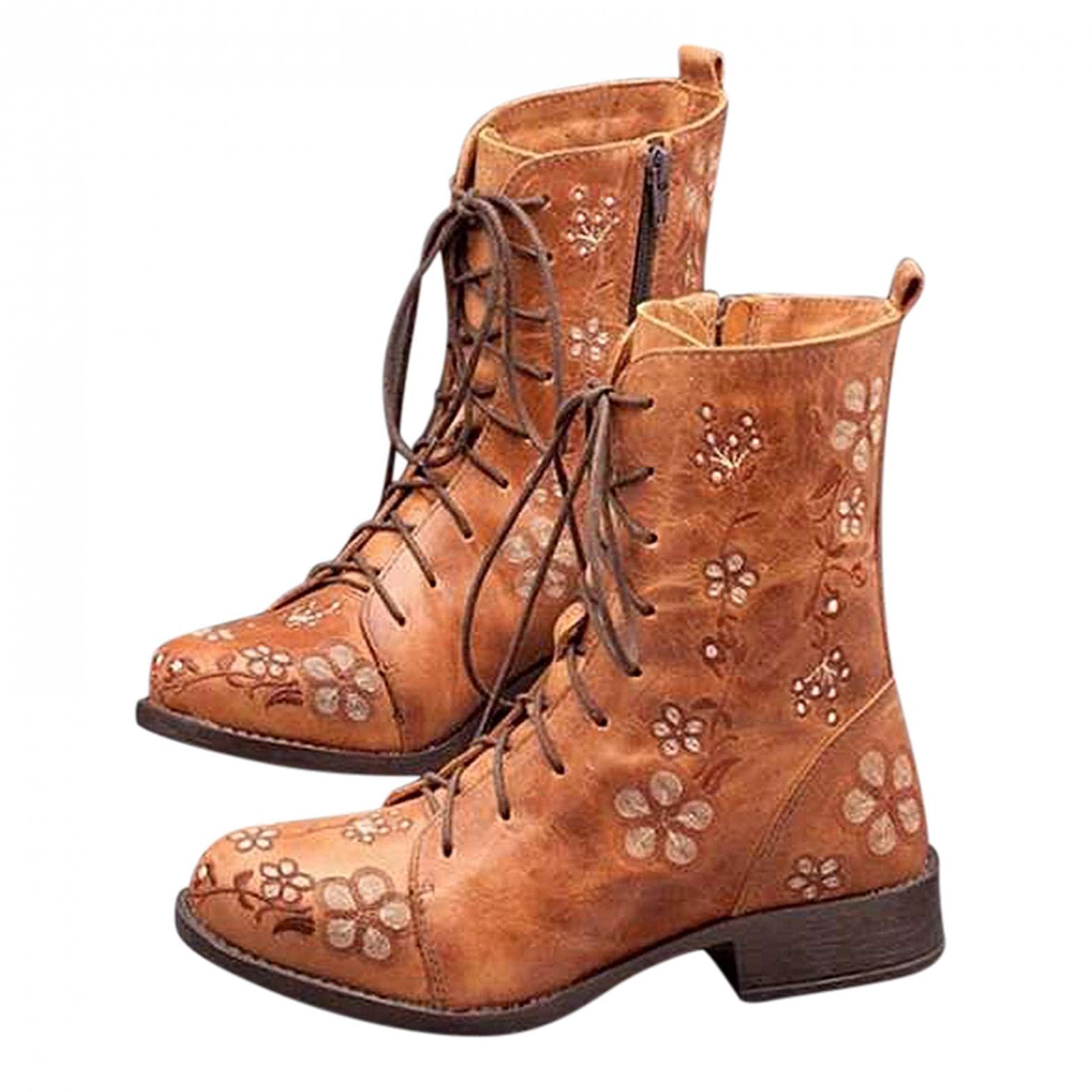 Boho Boots for Women Mid Calf Combat Boots Womens Vintage Embroidered Flower Design Lace Up Leather Chunky Block