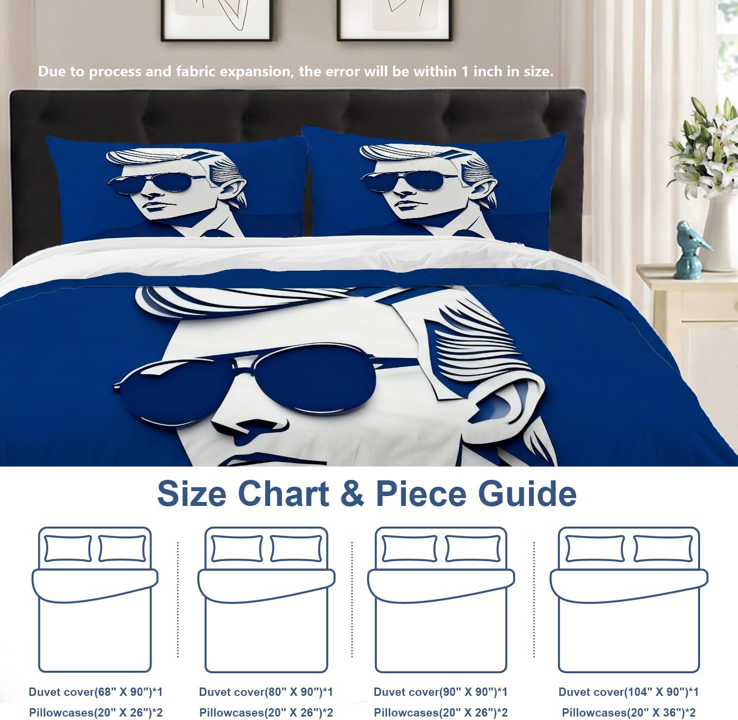 Batmerry American President Men Queen Size 3 Pieces Bedding Duvet Cover Sets, Soft Fluffy Navy Background Suit Sunglass Gentle 100% Cotton Printed Duvet Cover for All Season
