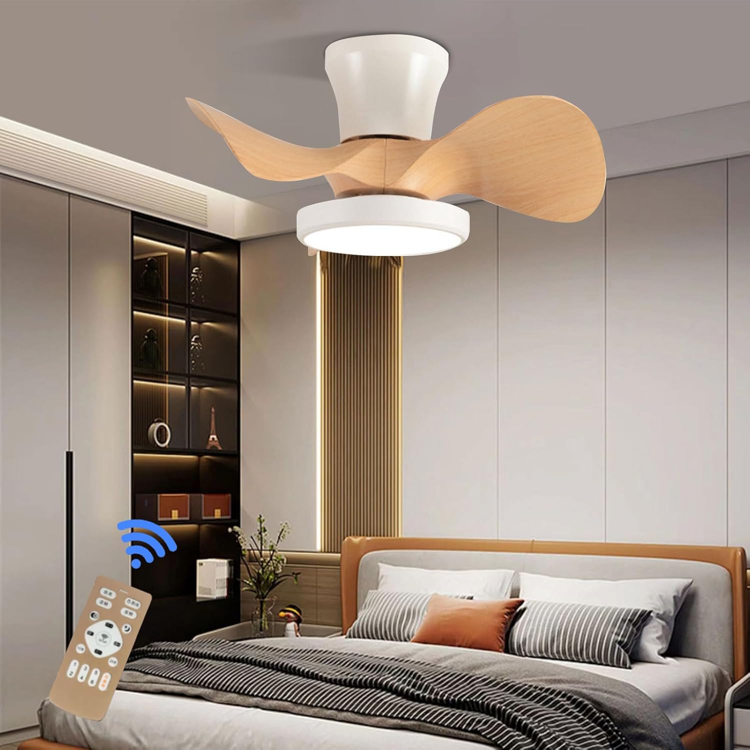 Quiet Ceiling Fan with LED Light, 22 Inch Flush Mount Ceiling Fan, Dimmable LED, 3 Color Temperatures, Timer, Reversible Blades for Kitchen Bedroom Dining Room Patio, Oak