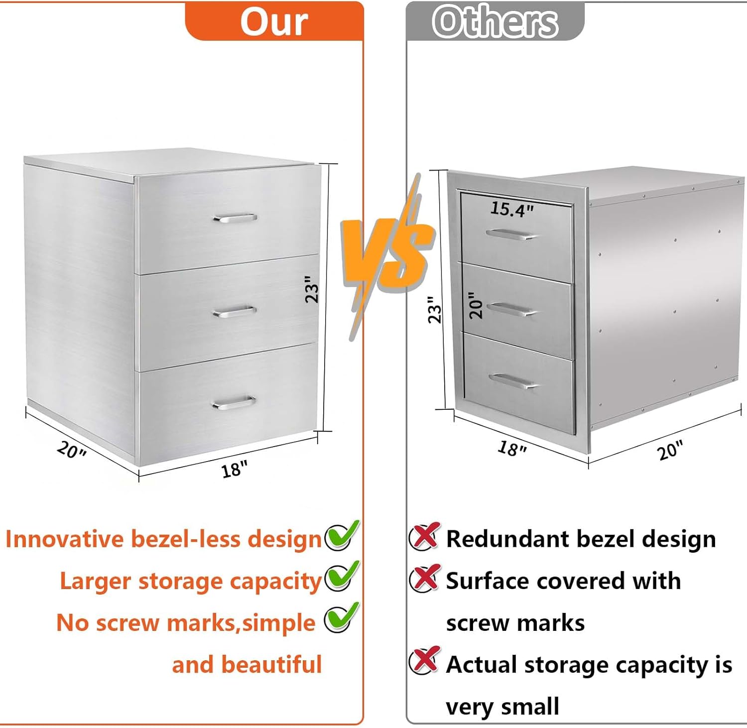 JIEJIN Outdoor Kitchen Drawers Stainless Steel Triple BBQ Island Drawer Flush Mount Outdoor Kitchen Cabinets with Handles with Wheels for Outdoor Kitchens or BBQ Island Patio Grill Station, Silver