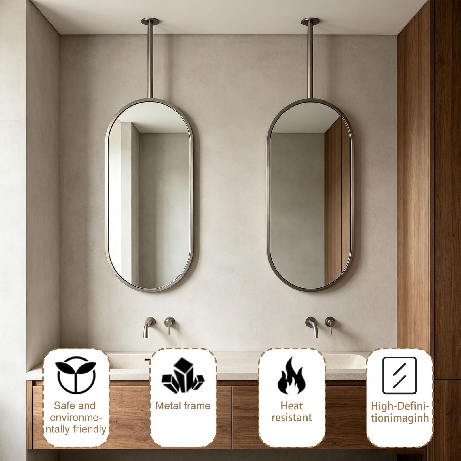 Miroirs de rasage vanité de salle de bains avec tige suspendue au plafond | Miroir monté au plafond avec cadre et flèche en acier inoxydable brossé(Silver,50cmx60cm)