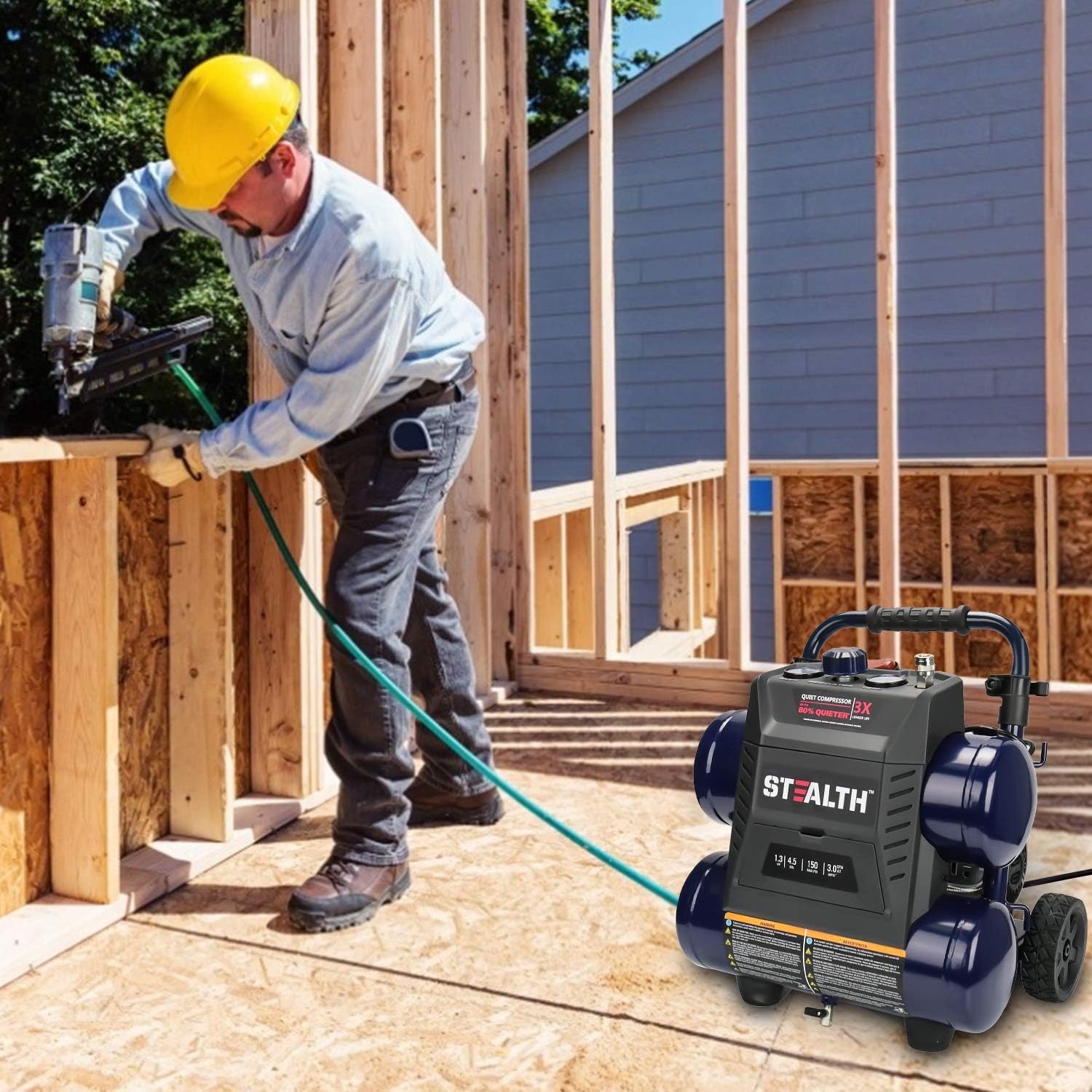 Stealth Ultra Quiet Air Compressor, 64 Decibel 4.5 Gallon Peak 1.3 HP Max 150 PSI, Oil-Free Air Pump, 3 CFM @ 90 PSI Portable Air Compressor W/Wheel for Garage, Workshop, Jobsite : Tools & Home Improvement