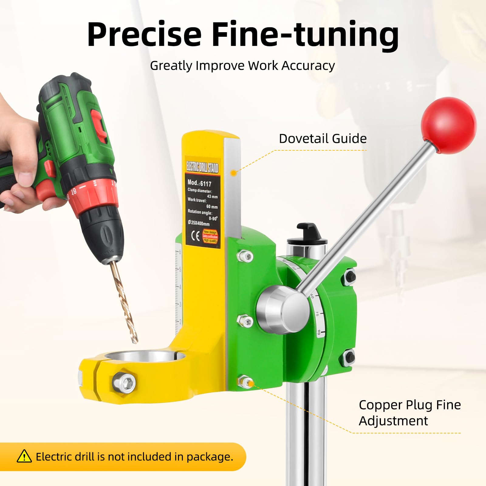 Supporto per trapano a 90°, Supporto elettrico per trapano, Supporto per perforazione con attacco snodabile Max. profondità di perforazione 60mm con tavolo da lavoro 3 teste in plastica