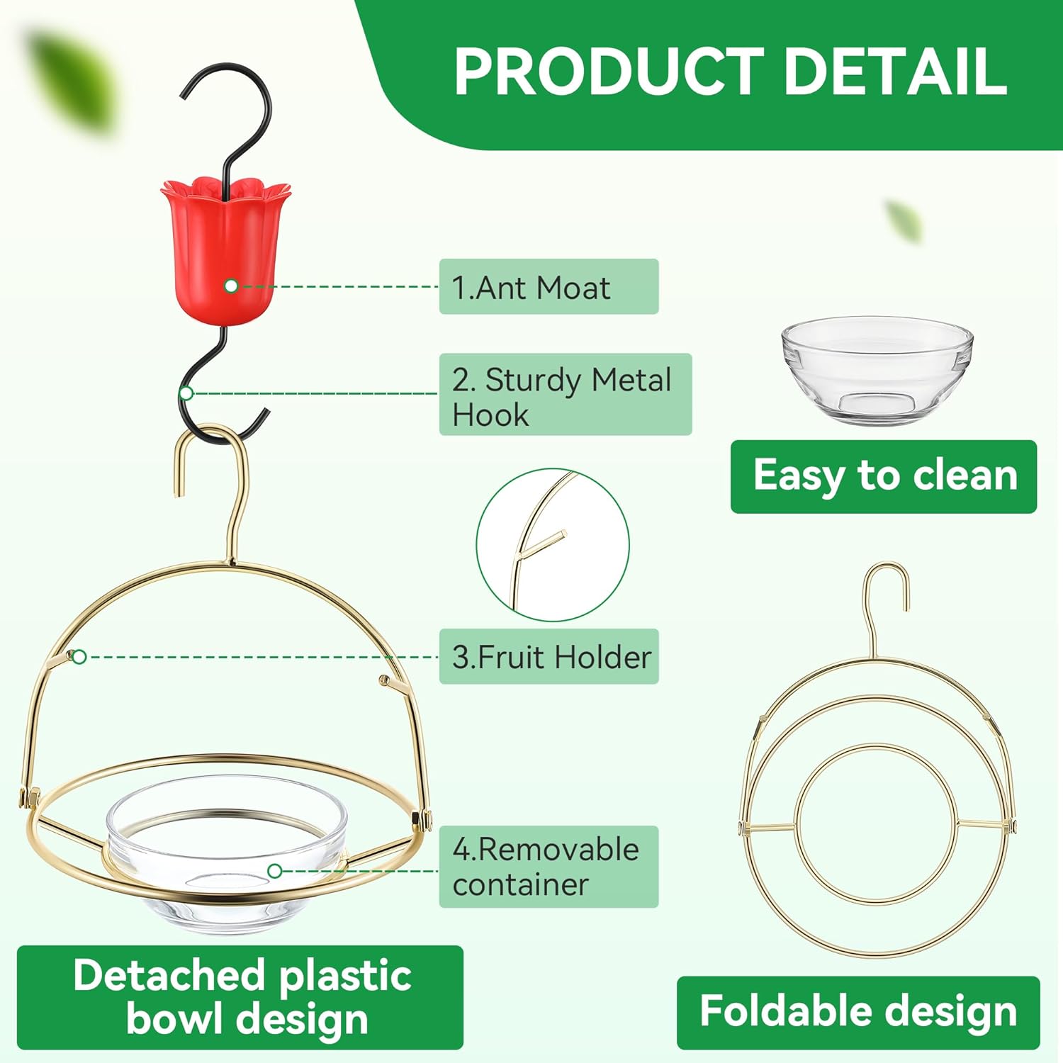 2 Pack Metal Oriole Feeders for Outdoors Hanging with Ant Moat and Fruit Holder, Oriole Feeder with Glass Bowl, Easy to Disassemble and Wash, Bird Feeder for Garden, Outdoor, Gift (Gold)
