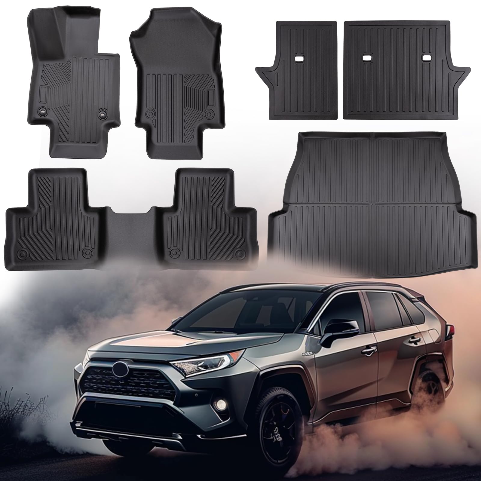 CreekT 6PCS for Toyota Rav4 Floor Mats & Cargo Liner Back Seat Cover Protector 2024-2019(Include Hybrid),All Weather Waterproof Floor mats for Toyota rav4 Accessories 2024 2023 2022 2021 2020 2019