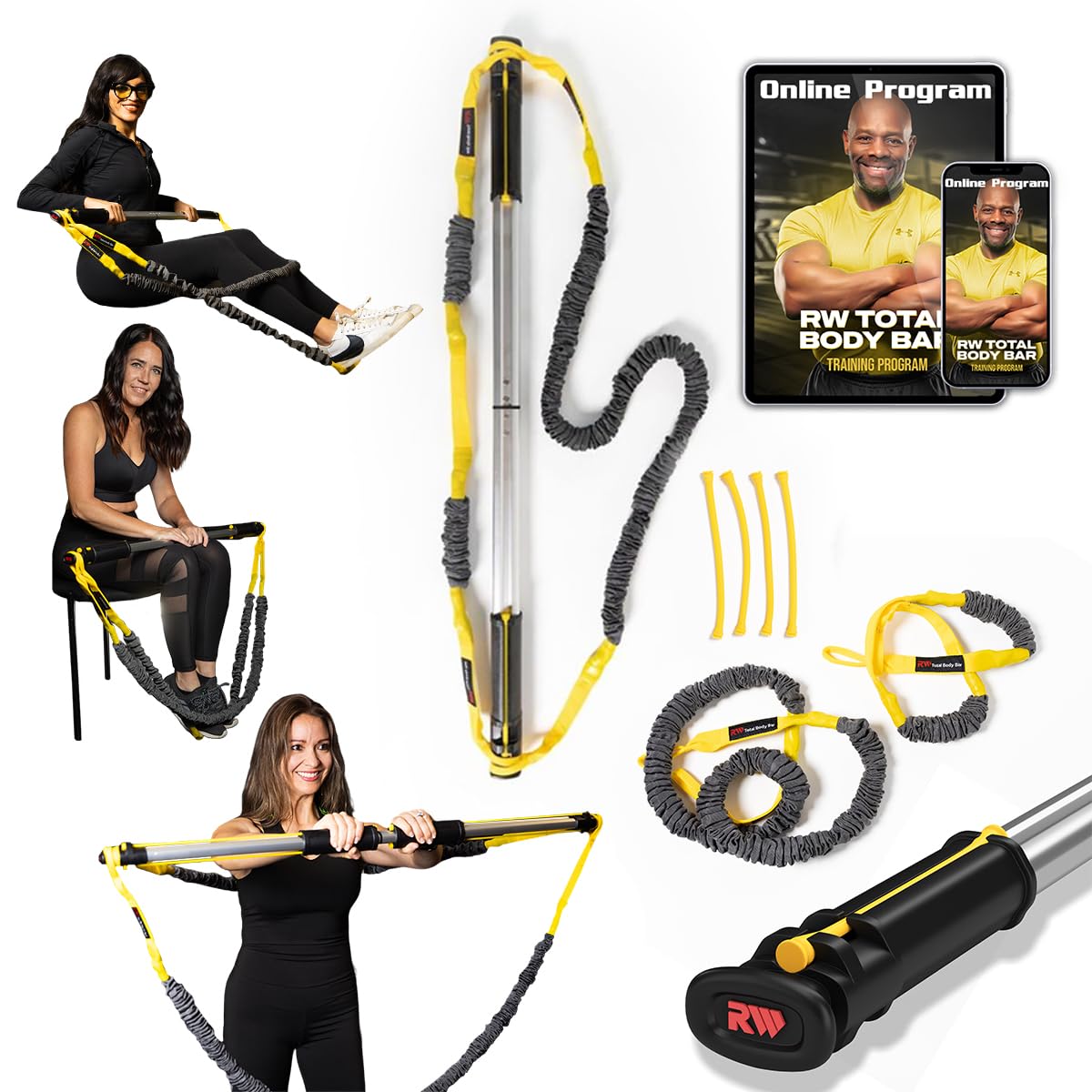 Ron Williams Total Body Bar for Men & Women - Full Body Resistance Band Bar with Unique Sliding Resistant Handles and Up to 120 Lbs Resistance | Portable Gym Workout Bar for Muscle Gain & Weight Loss