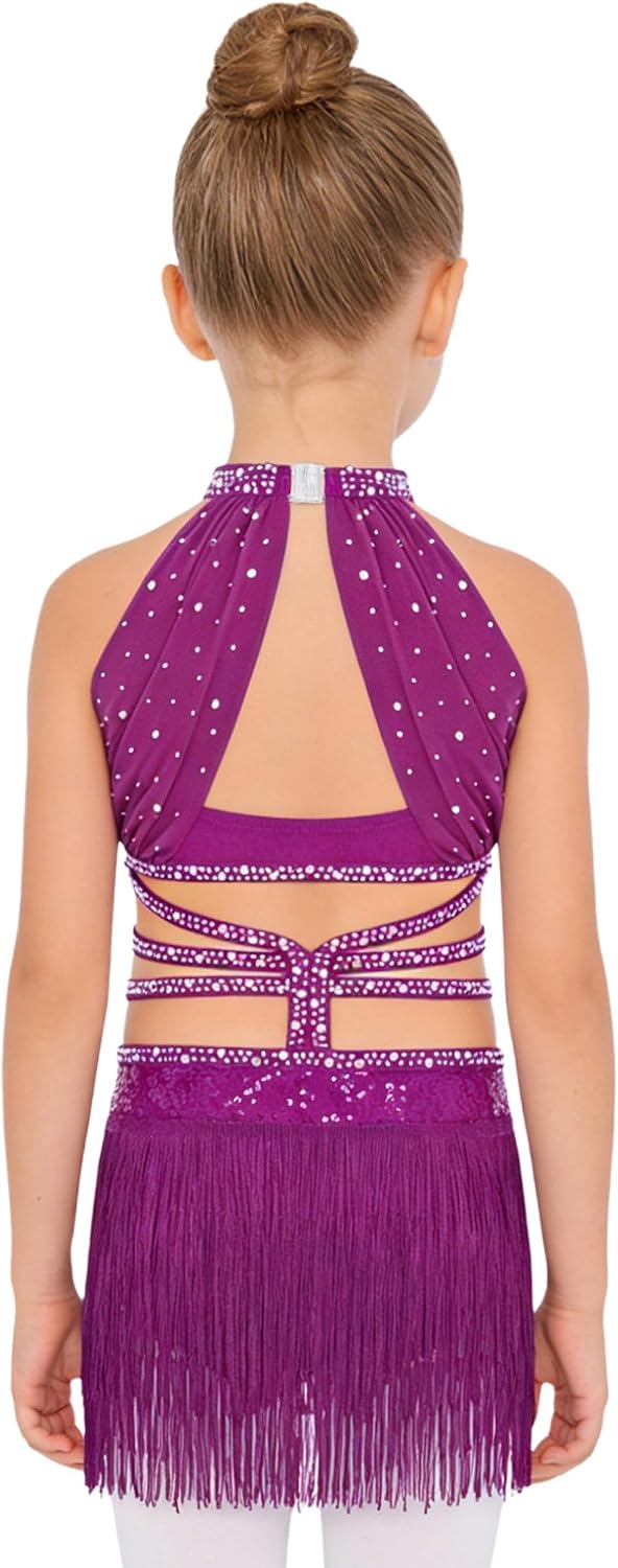 Hansber Kids Girls Sequins Tassels Cutout Jazz Samba Cha Cha Tango Modern Latin Dance Dress Competition Dancewear