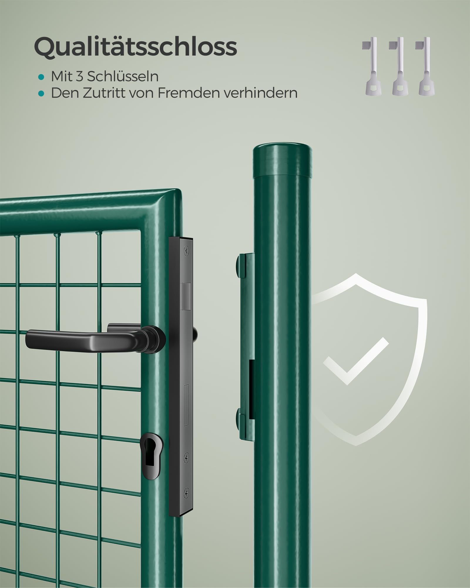 SONGMICS Gartentor, Gartentür, verzinkter Stahl, robust und langlebig, abschließbar, rundes Rohr, Tür 87 x 100 cm, 106 x 100 cm (B x H), grün GGD150G01