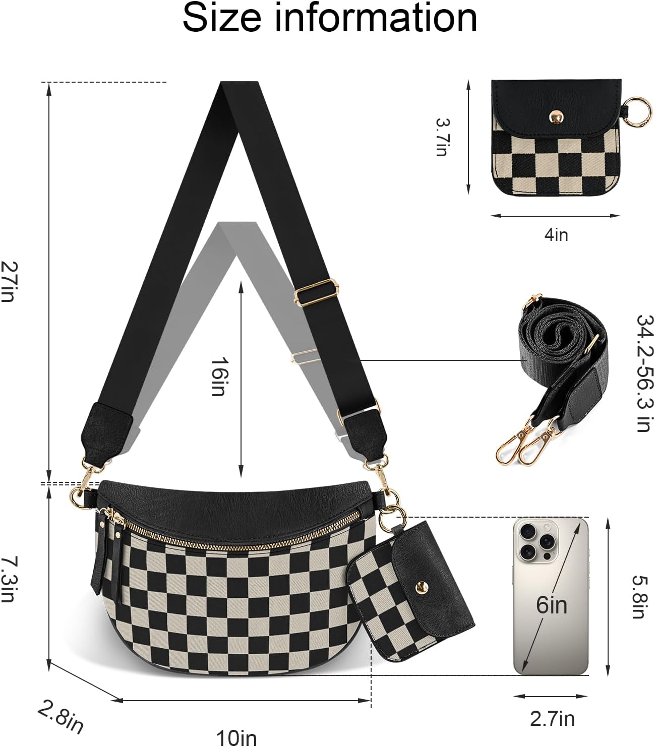 Checkered Crossbody Bag Bum Bags for Women Crossbody PU Leather Checkered Wallet Belt Bag Crossbody Handbags, Black Checkered - Image 4