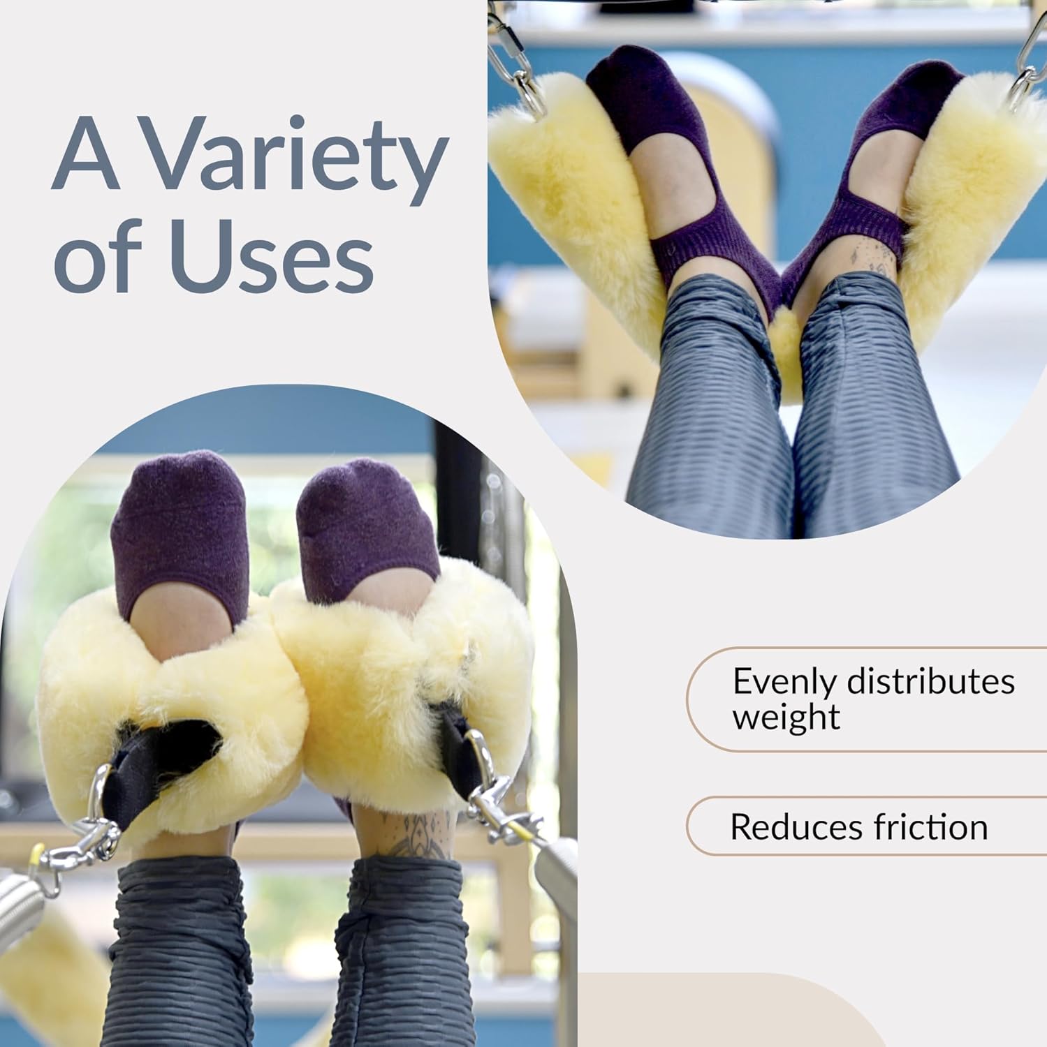 Sofsheep Sheepskin Pilates Fuzzies by Sheepskin Ranch, Real Wool Strap Covers for Reformer & Cadillac Machines, Fitness Strap Cushion for Yoga & D-Ring Resistance Bands, Hypoallergenic, Washable, Pair