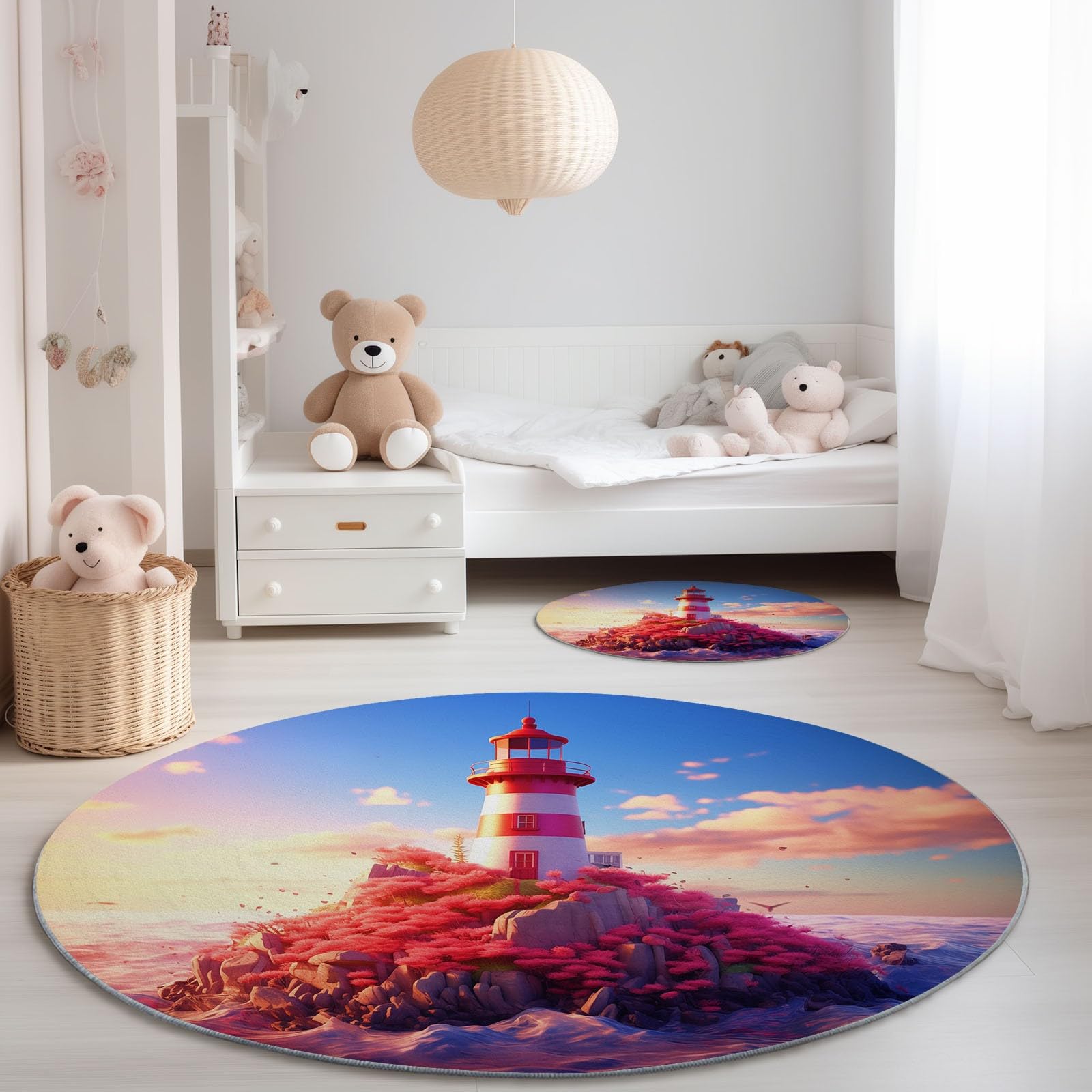 Miękki okrągły dywan Dream Rocks Island Ocean Theme, różowy niebieski zmywalny antypoślizgowy 160 cm okrągły dywan nie blaknie łatwo - do kuchni salonu sypialni jadalni przedpokoju