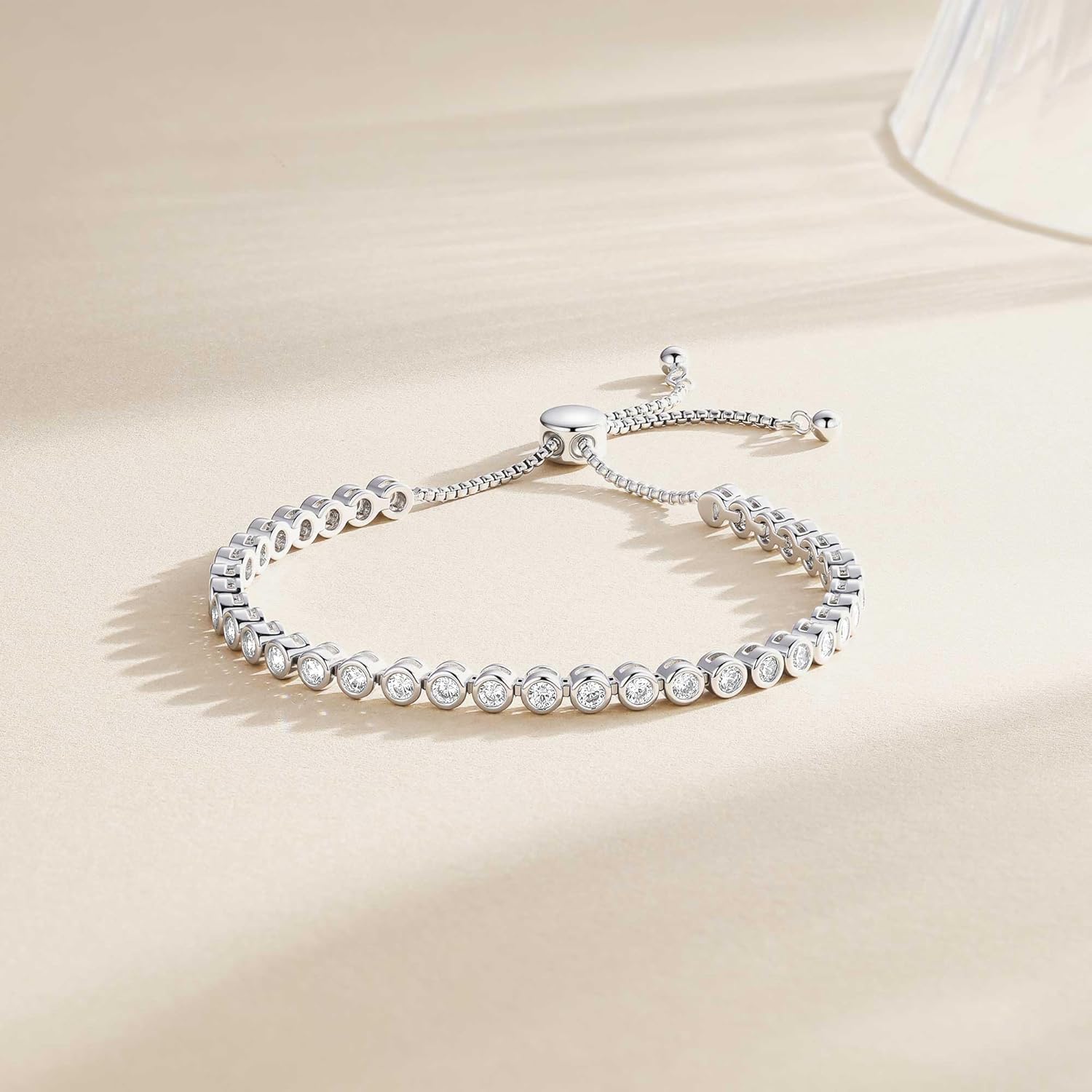 FANCIME 925 Sterling Silver Cubic Zirconia Adjustable Tennis Bracelet for Women, 14K Gold Plated Bolo Slider Bracelet Fine Jewelry Birthday Gifts for Mom Wife Her