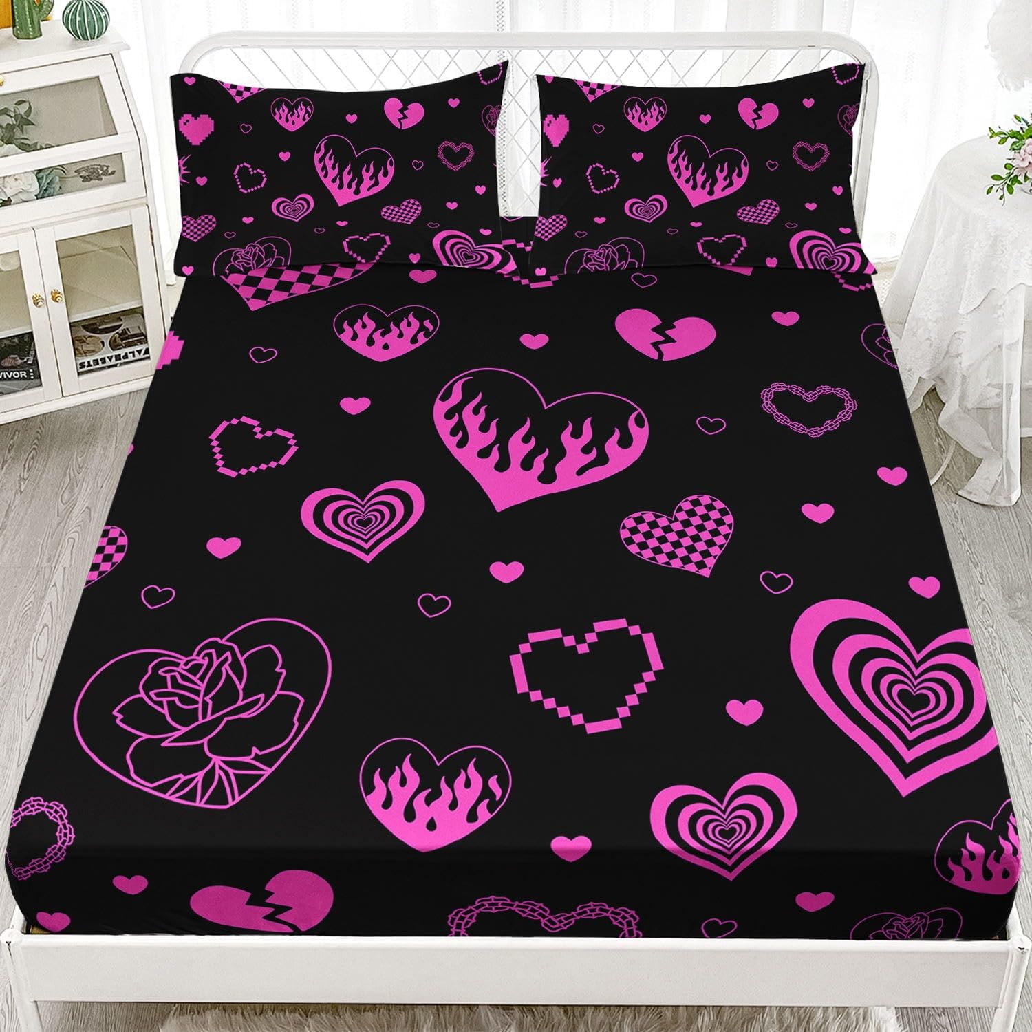 Purple Hearts Printed Full Sheets Set 4 Pcs Bed Sheet for Teens,Boys,Girls,with 1 Flat and 1 Fitted Sheet + 2 Pillowcases(Purple Heart Full)
