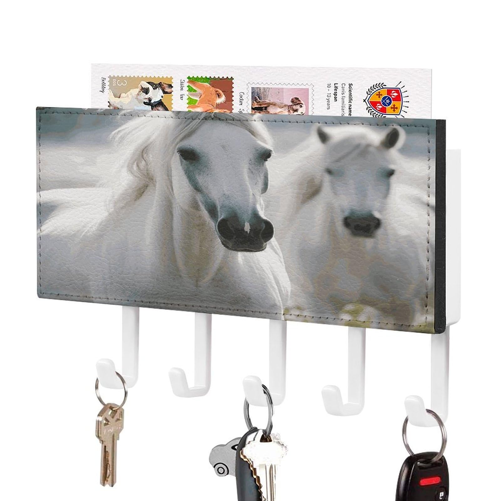 LDGSUPH White Horses Key Holder Wall Mount Key Hanger with 5 Hooks Fashion Key Organizer Rack Hanging Key Hooks with Mail Organizer Key Rack for Home Entryway Hallway White-Style