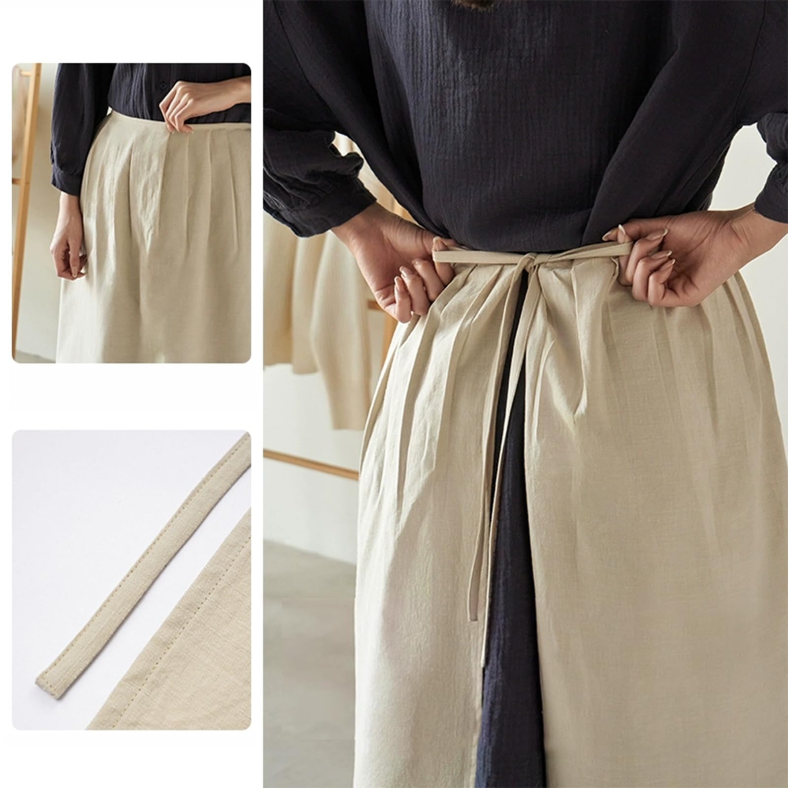 Delantal Cocina Mujer Algodón Delantal Camarero Largo para Niña Y Mujer, Cocina, Restaurante, BistróBeige,One Size