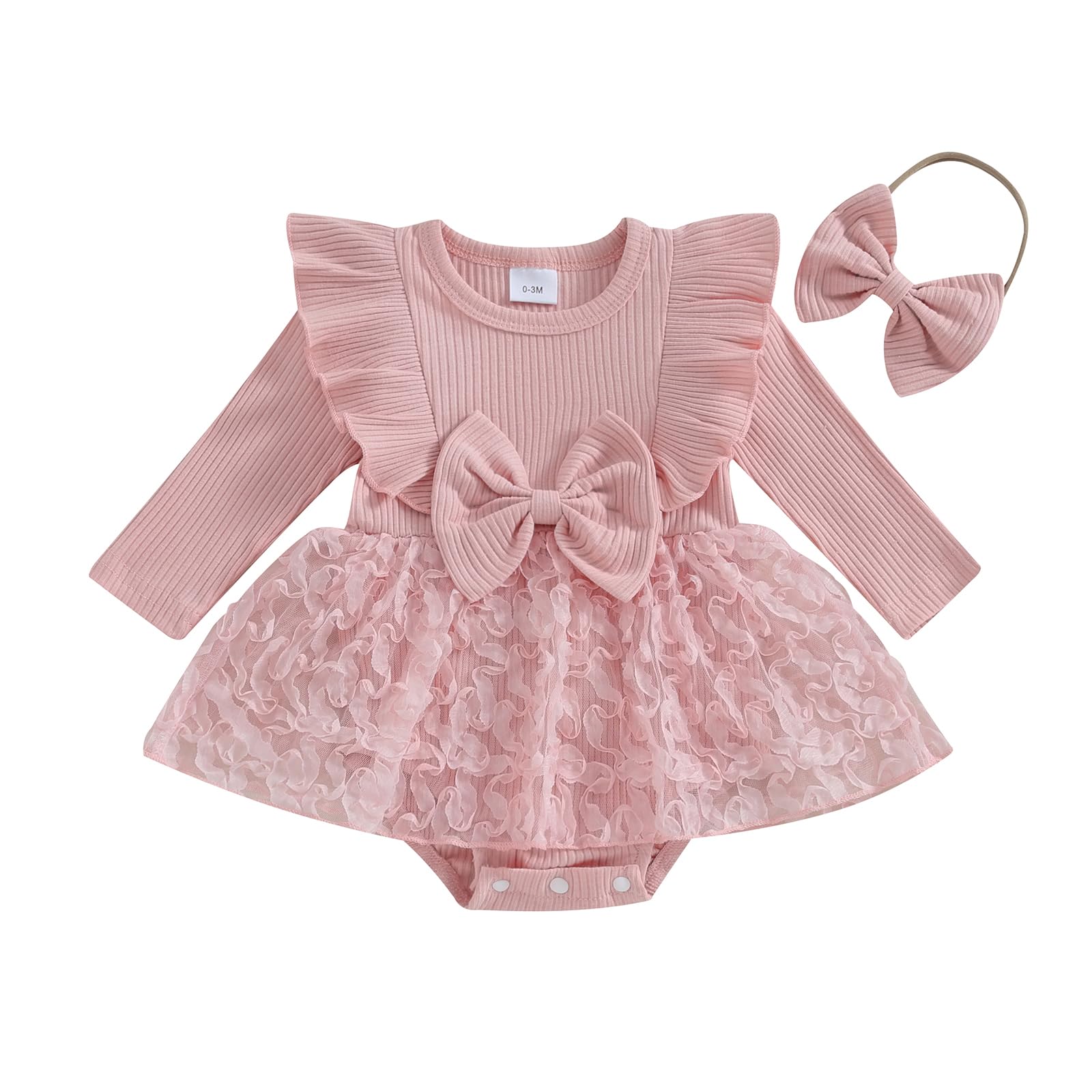 Kodaruber Infant Baby Girl Floral Romper Dress Tulle Tutu Dresses Long Sleeve Onesie with Headband Fall Winter Outfit(B Pink,0-3 Months)