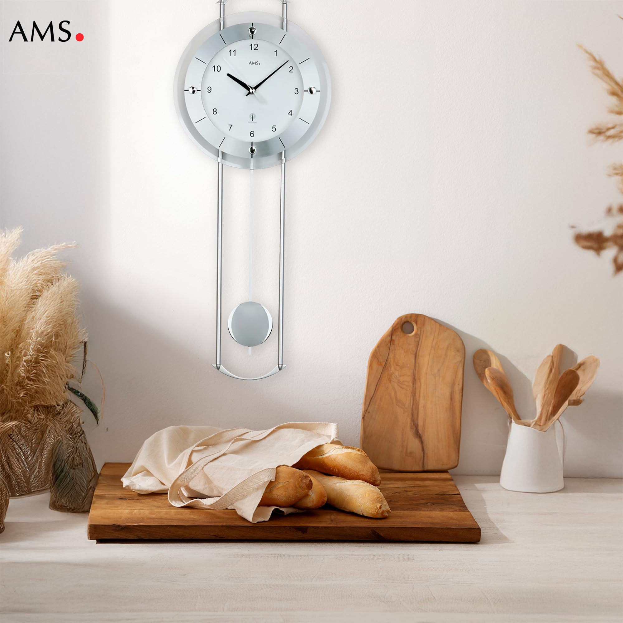 AMS Pendelwanduhr 5254, Funk, mit Silberlackierten Metallstäben, Aluminiumfrontreif und Mineralglas, Arabische Ziffern, 24 x 60 x 6 cm