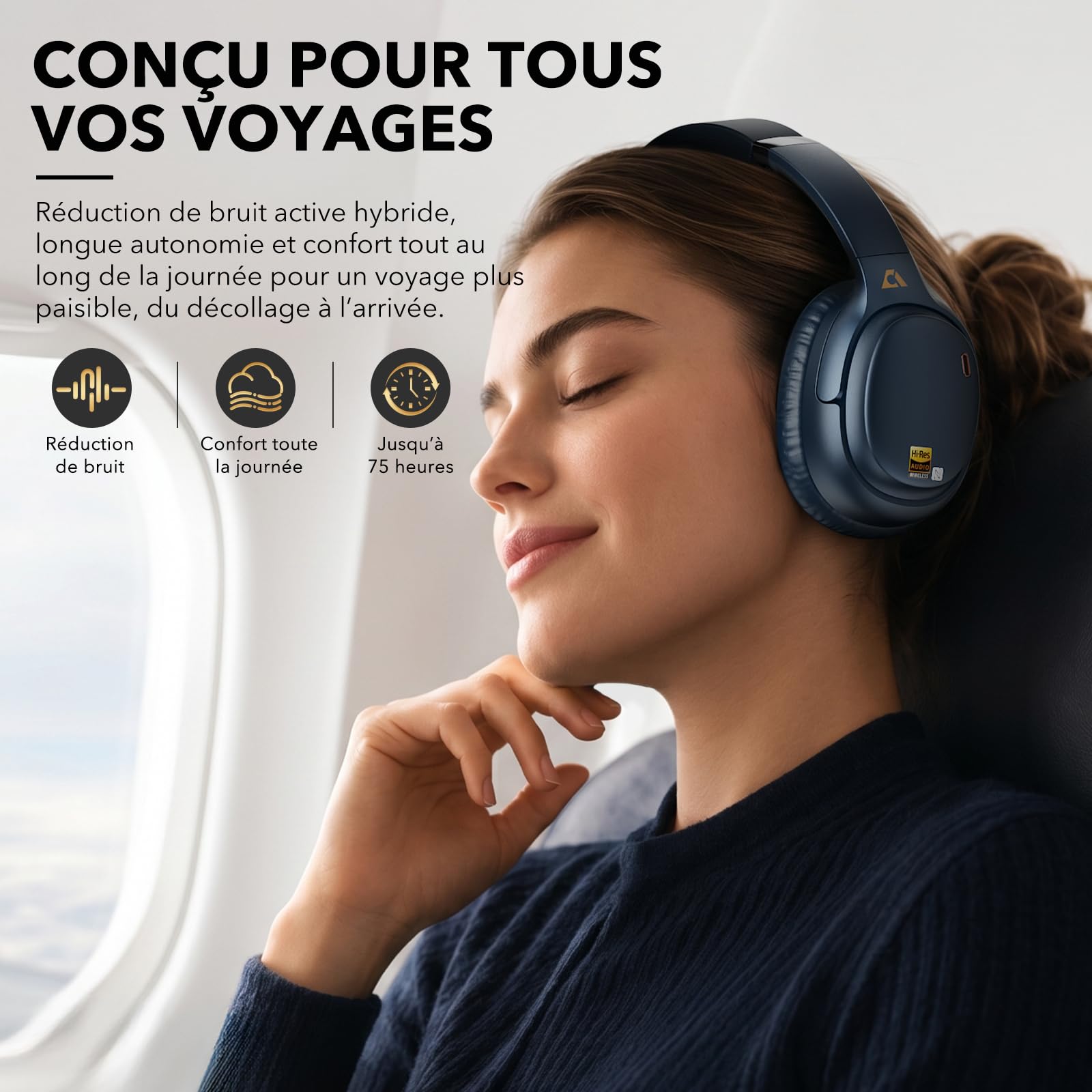 1Mii E700 Casque Bluetooth sans Fil avec Réduction de Bruit Active, Indigo | ANC Hybride, Hi-Res Audio LDAC, Confortable pour Trajets, Voyage, Études, aptX Low Latency pour TV, Maison, Bureau, Avion
