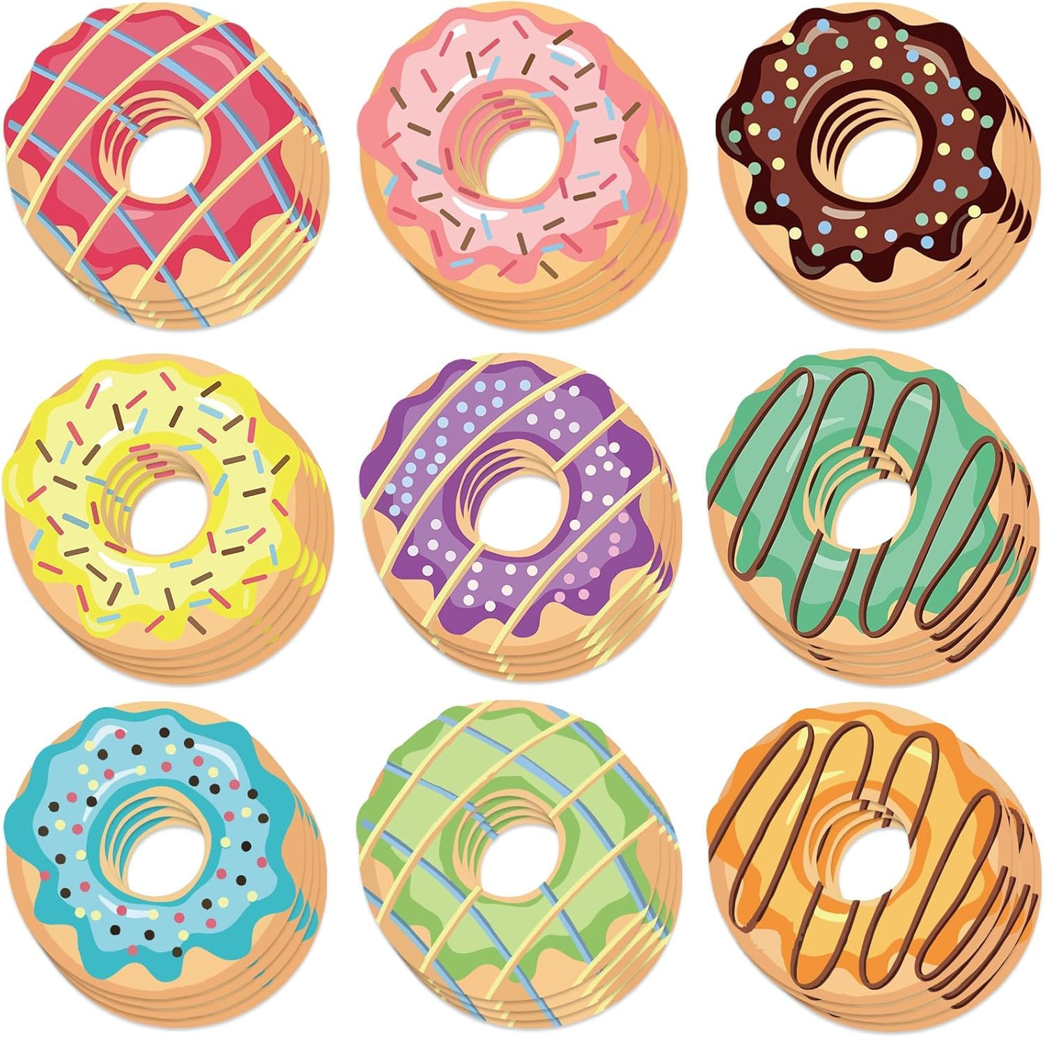 90Pcs 5In Doughnut Paper Cutouts with 180Pcs Glue Points,Doughnut Cut Outs Bulletin Board Decorations for Birthday Party Theme Decor Supplies