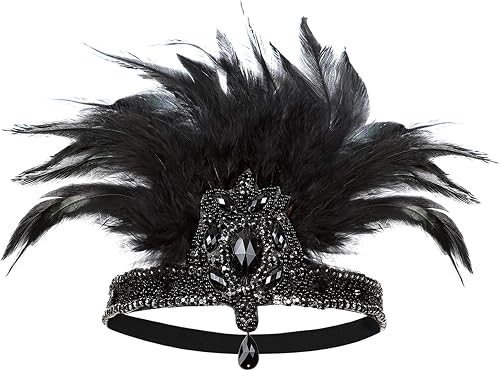 Art Deco 1920s Flapper Feather Headpiece Roaring 20s Great Gatsby Headband for Women Black