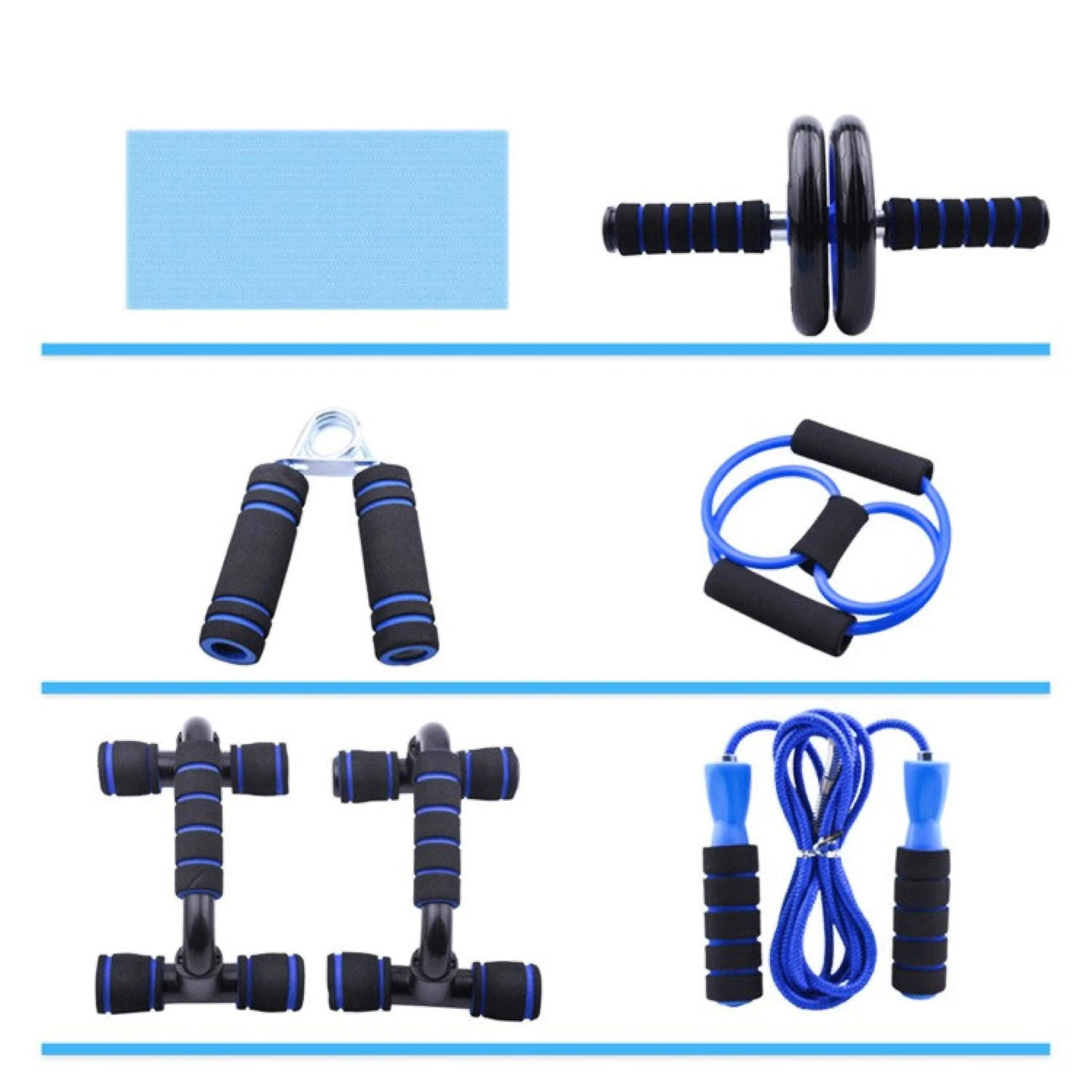7-teiliges Fitness-Set für Zuhause | Bauchroller, Liegestützgriffe, Springseil, Widerstandsband
