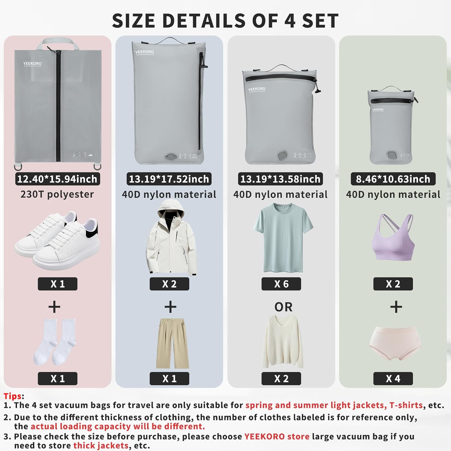 4 Set Vacuum Bags for Travel, Professional Reusable Organizer Bag with IPX8 Waterproof Zipper, Compression Bag for Suitcases, Durable Seal Space Saver Bags -Traveling Essentials (Grey,No Pump)