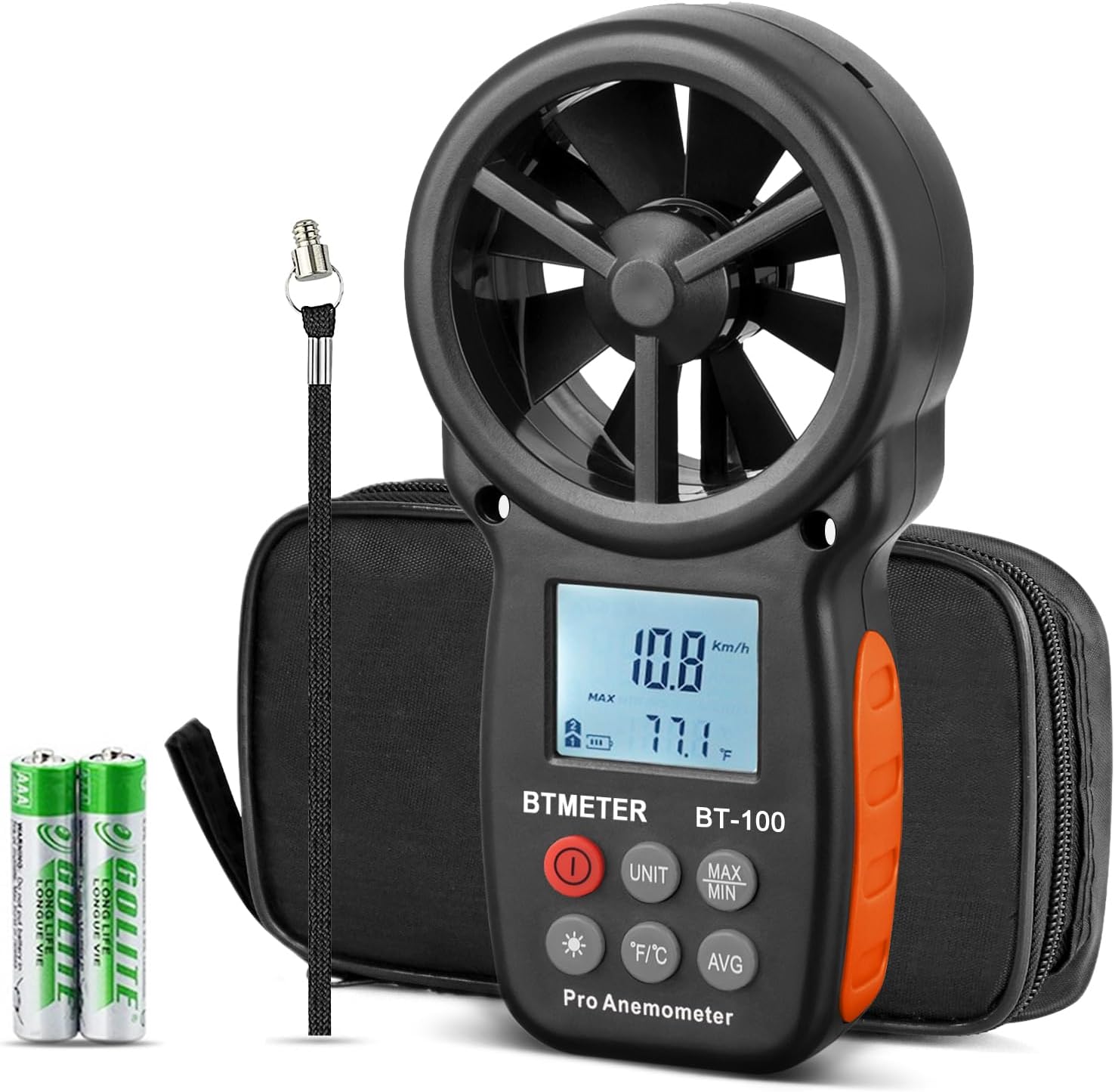 BTMETER Digital Anemometer Handheld - BTMETER BT-100 Wind Speed Meter Gauge, Accurately Measure Wind Temperature Speed CFM with MAX/MIN/AVG, Backlight LCD for Shooting, HVAC, Drone Flying