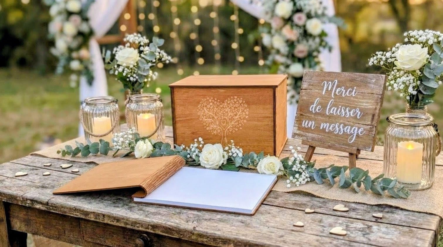 MALONA Libro de Oro de Madera para Boda, Bautismo o Cumpleaños - Libro de visitante / Guest book - Cuaderno de mensajes y recuerdos para todas las ocasiones - Estilo rural con grabado Árbol de la Vida
